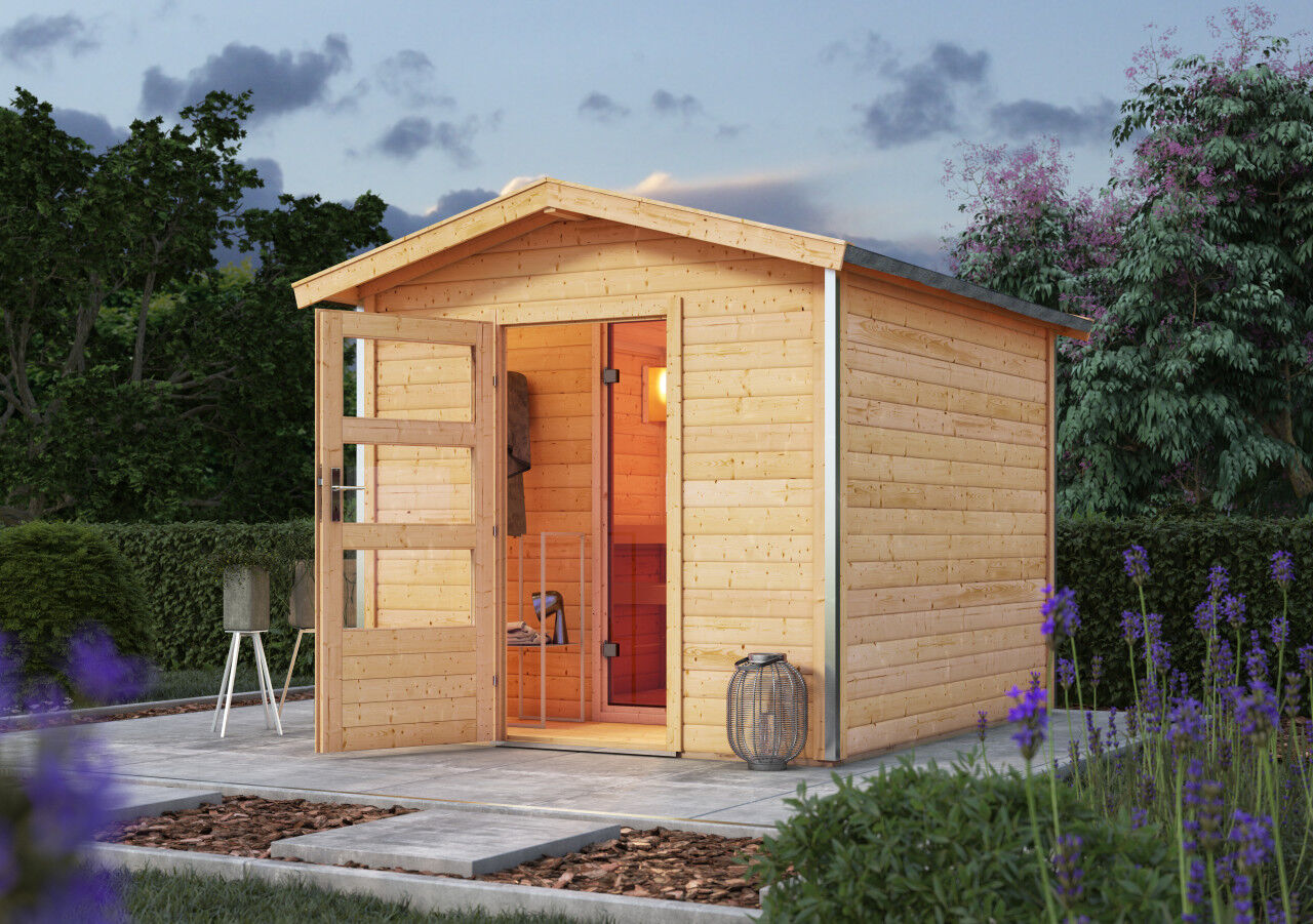 Saunahaus Bosse 1 mit Vorraum und moderner Tür naturbelassen