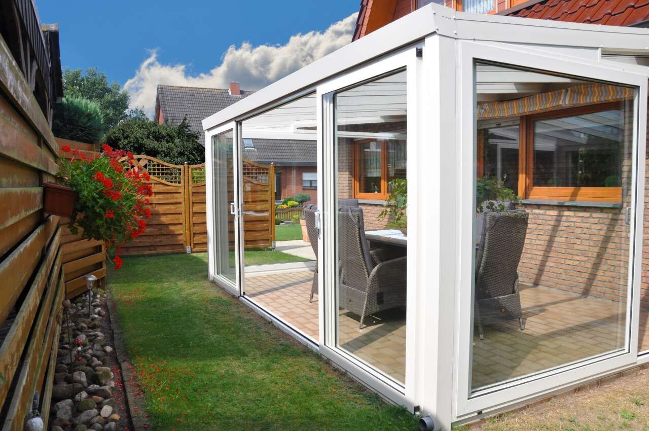 Gartenzimmer mit Schiebetür und Glas Dacheindeckung, 400, 250