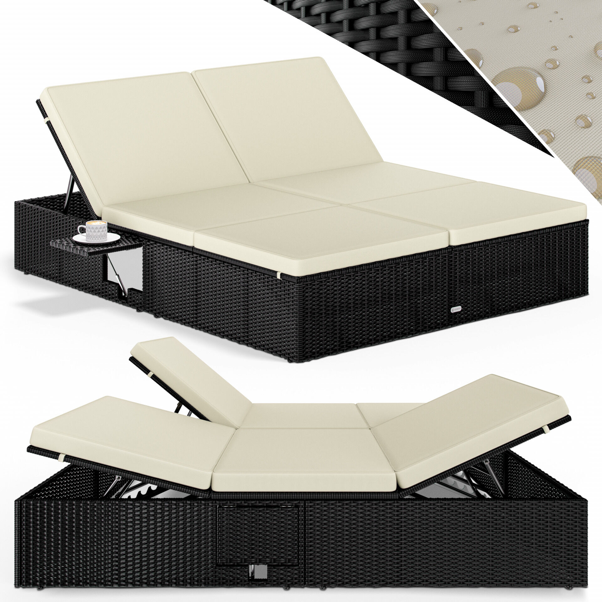 Polyrattan Sonnenliege Schwarz/Creme 200x160x33cm