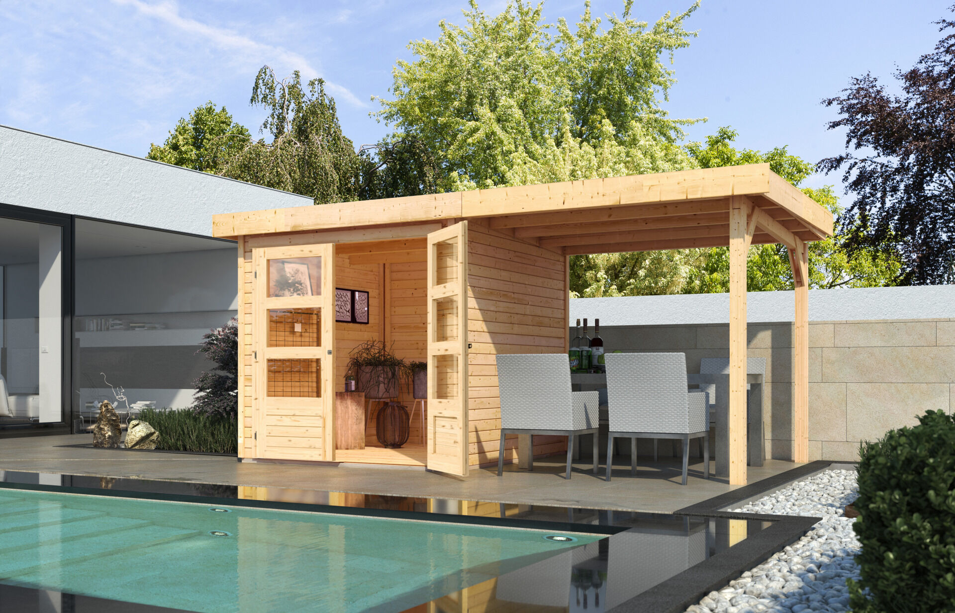 Karibu Gartenhaus Askola 2 SET - mit Anbaudach 2,4 m Breite
