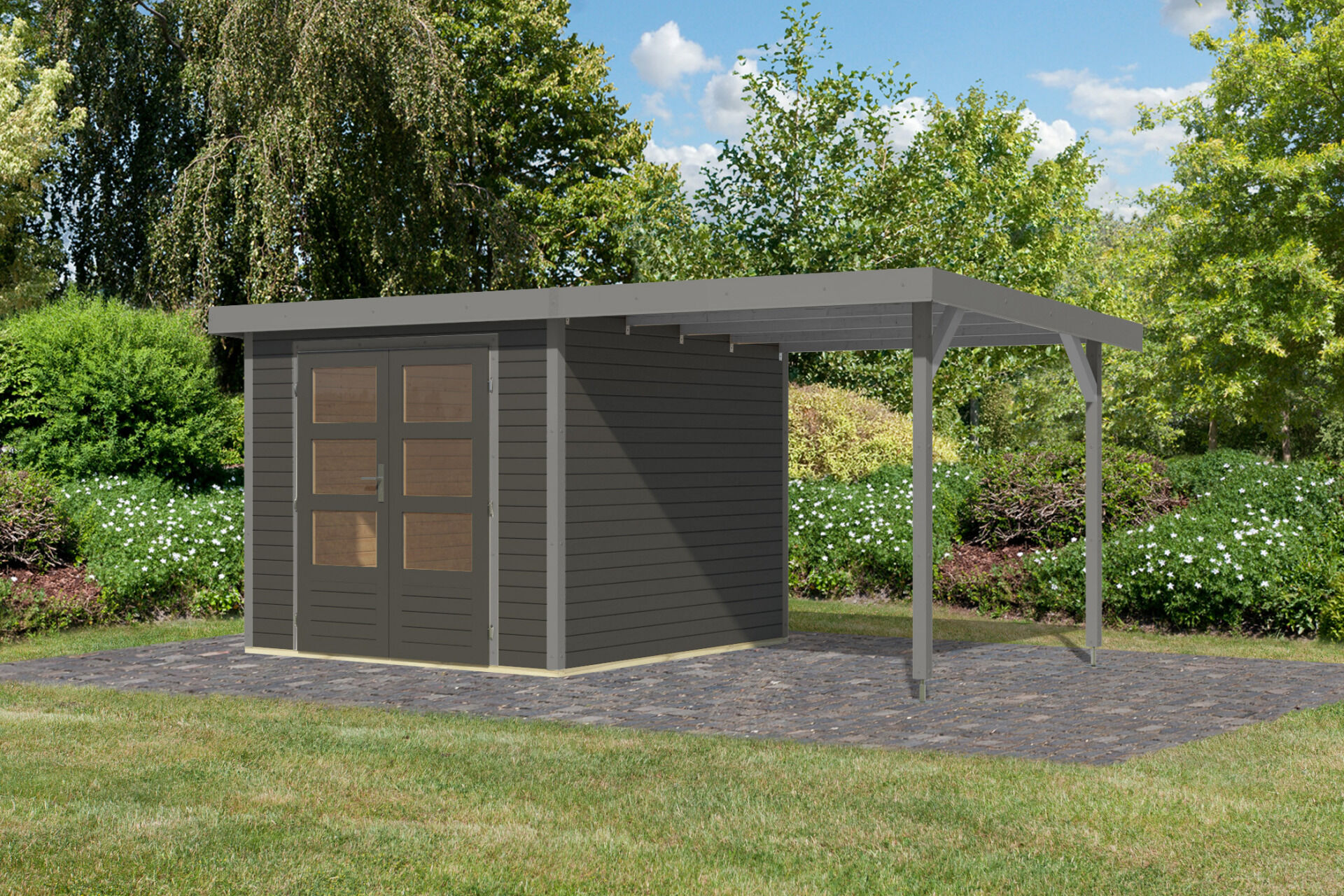 Karibu Pultdach Holz & Metall Gartenhaus Jupiter 3,5 Set mit Anbaudach 2,35 m, naturbelassen / graualuminium