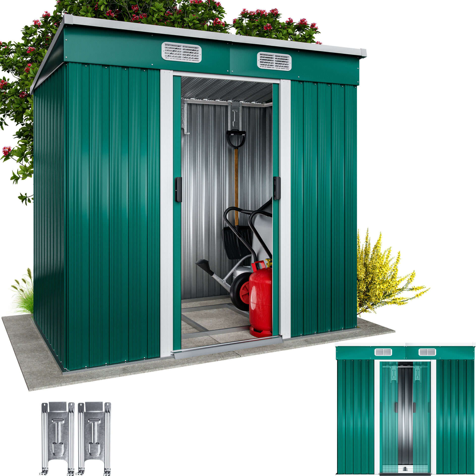 Geräteschuppen Grün 200x125x180cm 2m² Stauraum verzinkt Schiebetür 4 Haken