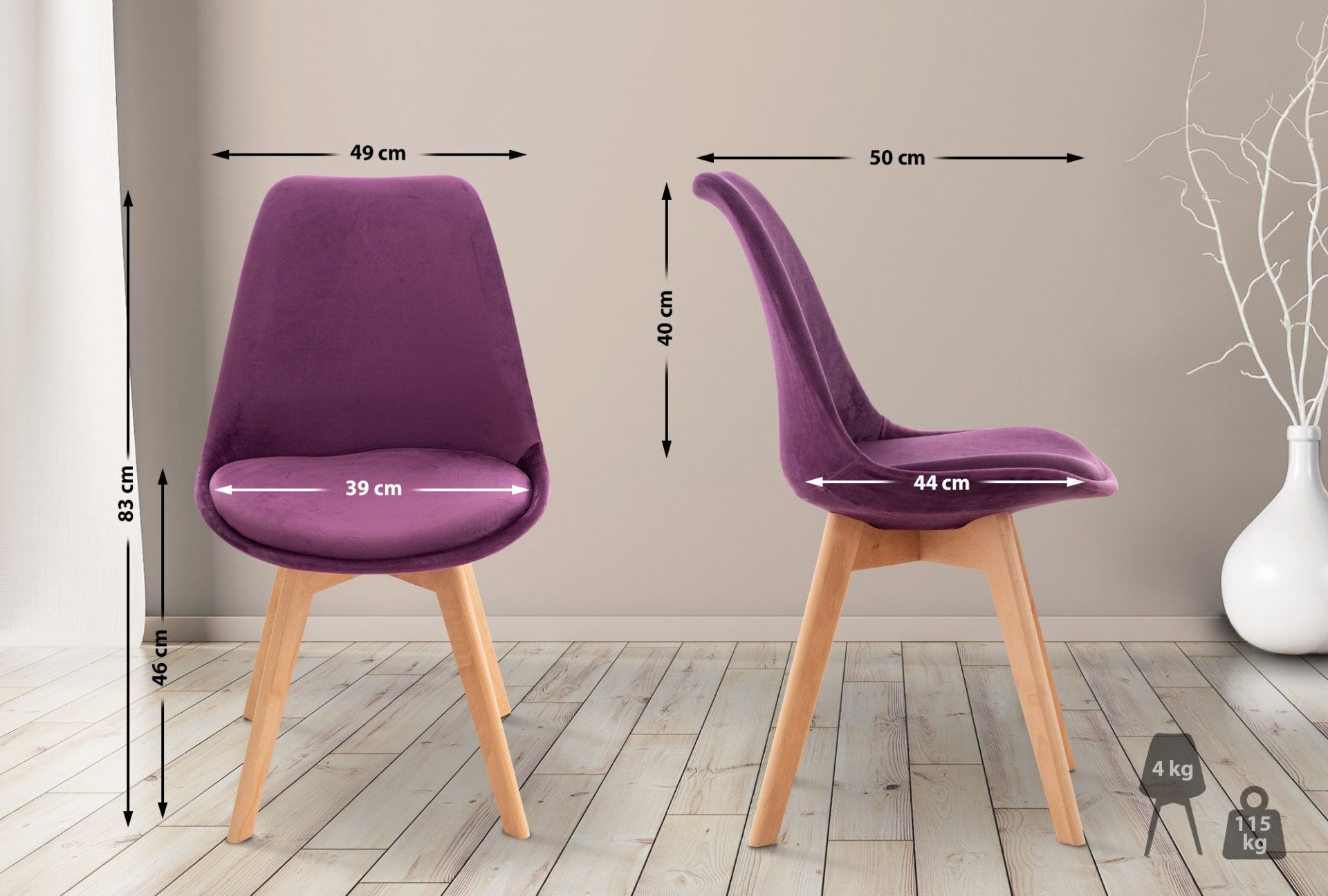 4er Set Stuhl Linares Samt, lila