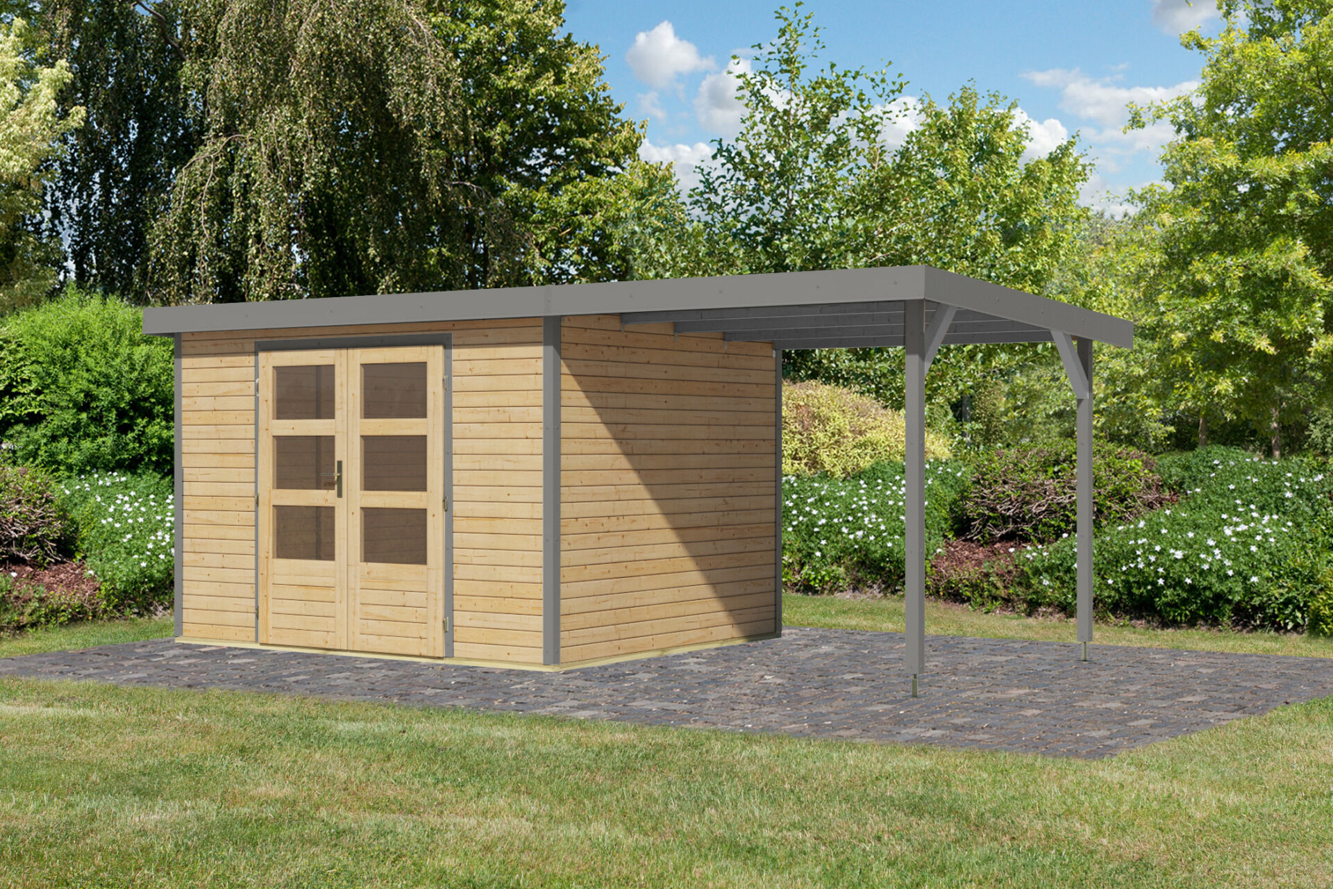 Karibu Pultdach Holz & Metall Gartenhaus Jupiter 5 Set mit Anbaudach 2,35 m, naturbelassen / graualuminium
