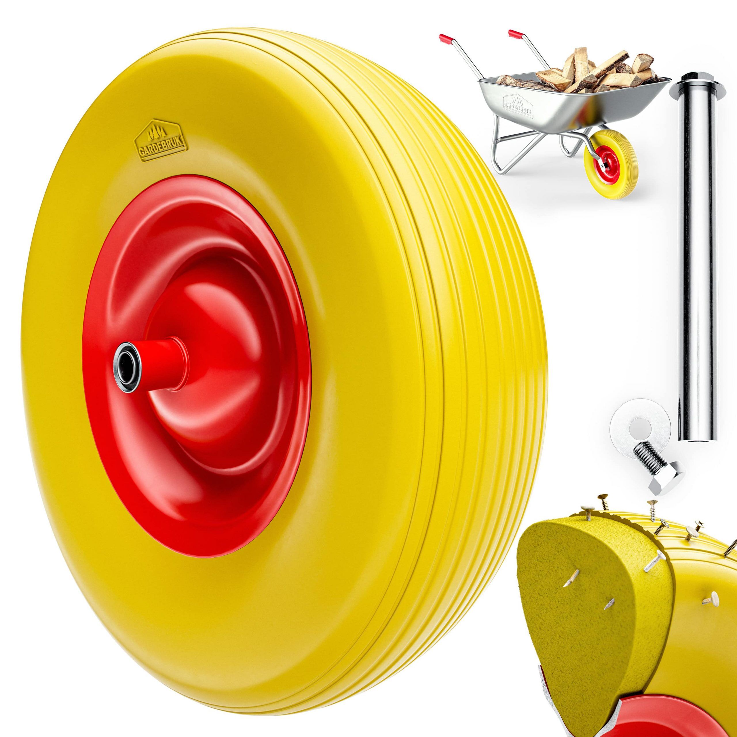 Schubkarrenrad Gelb pannensicher PU-Schaum 200kg Kugellager inkl Achse