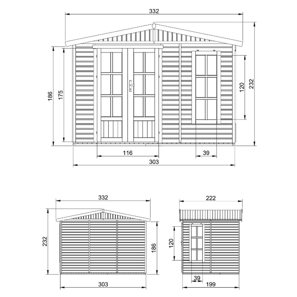 Gartenhaus Karl M334FB Zeichnung mit Abmessungen