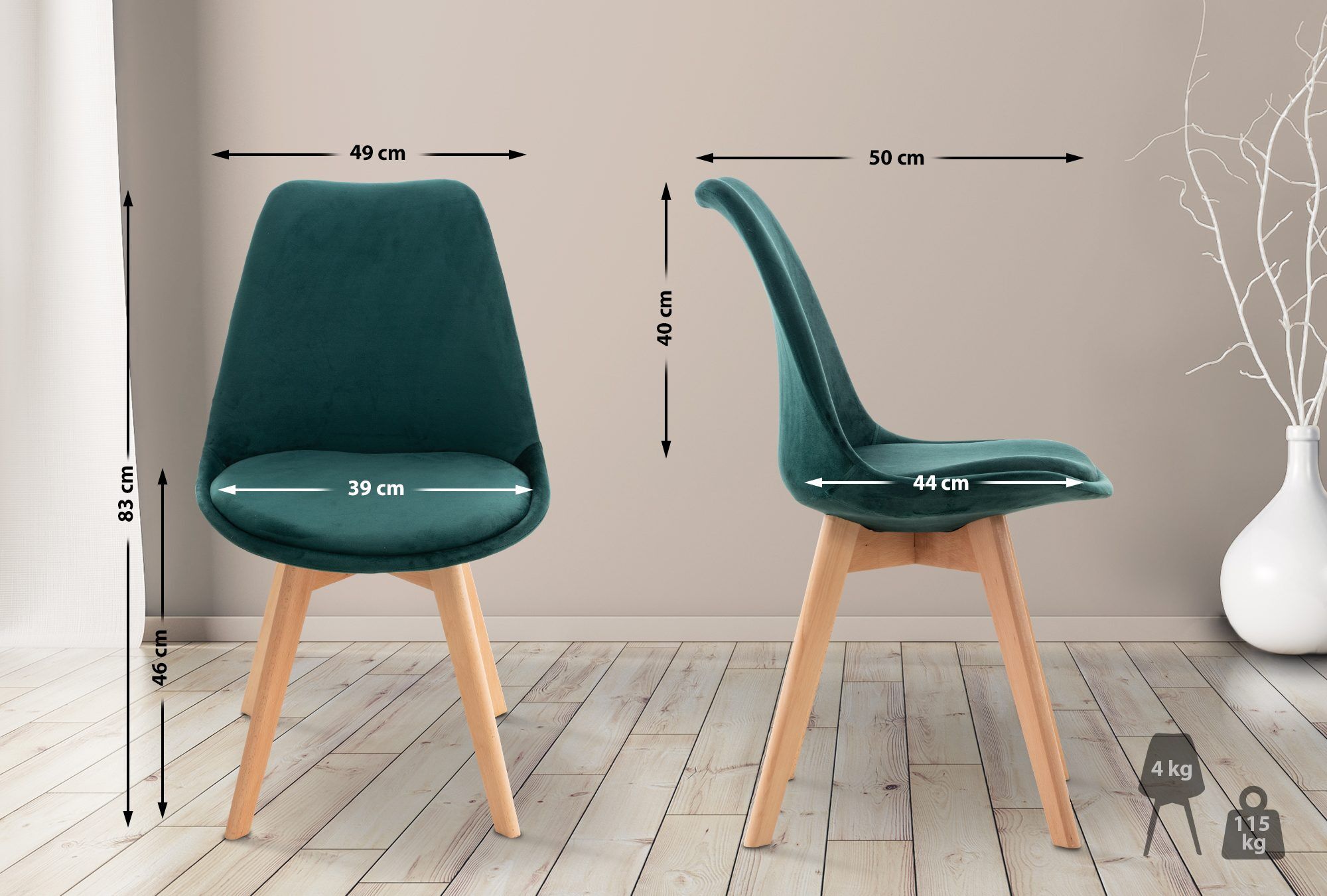 4er Set Stuhl Linares Samt, grün