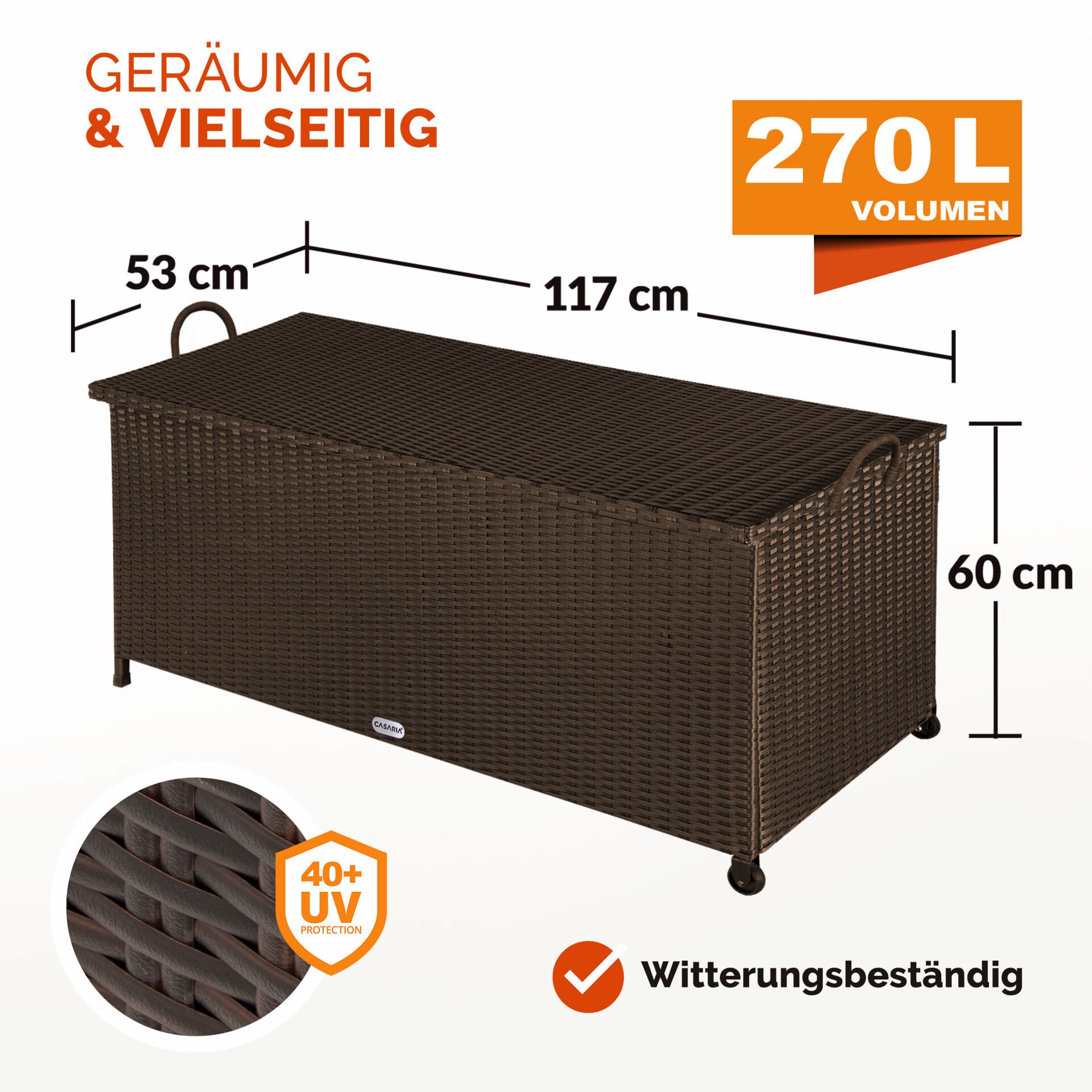 Gartenbox Polyrattan Braun 117x53x60cm mit Griffen + Rollen