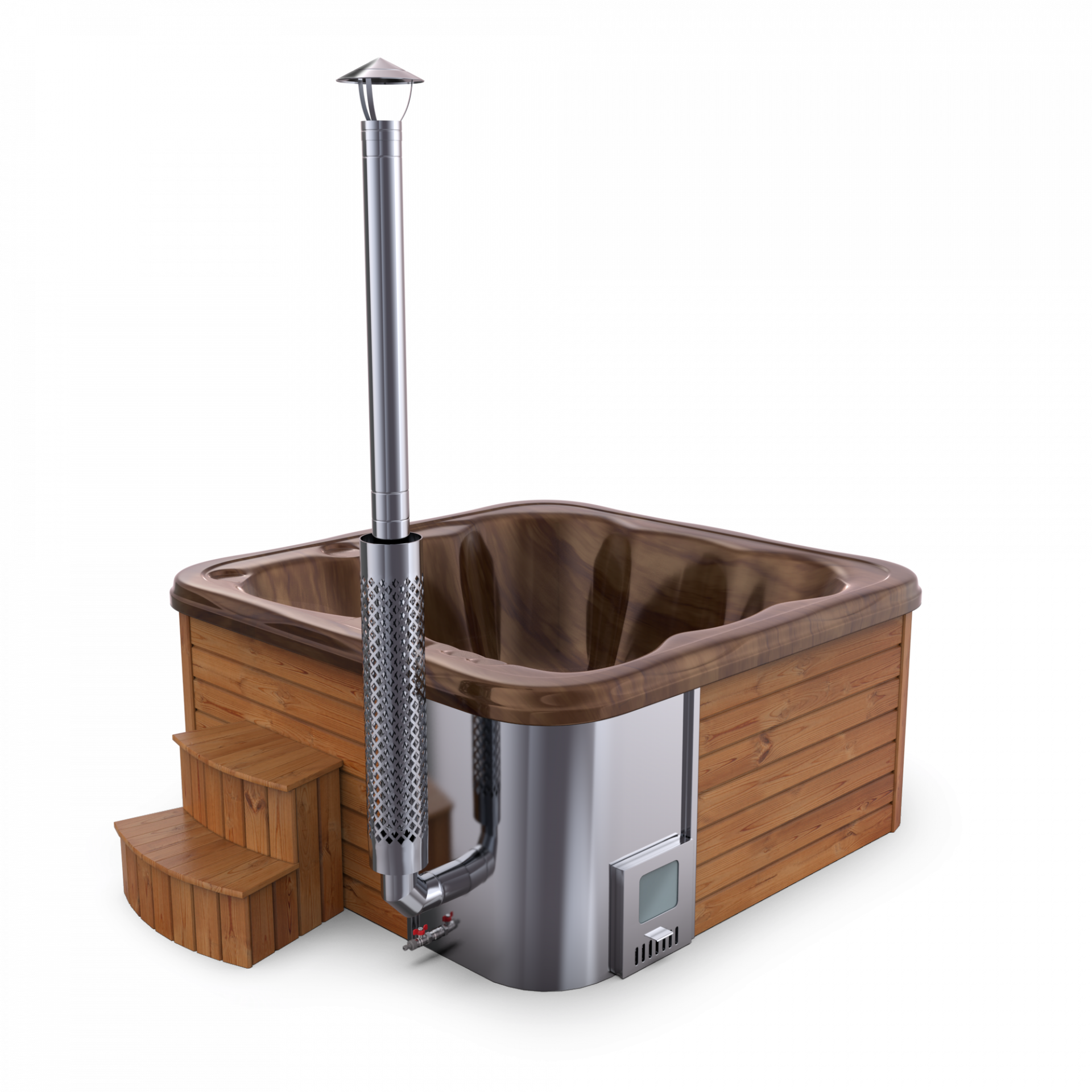 SPANOVA Hot Tub Premium 220 – Thermoholz Whirlpool mit integriertem Holzofen & Acrylwanne, Weiß marmoriert, Holzofen - 35kw V2A