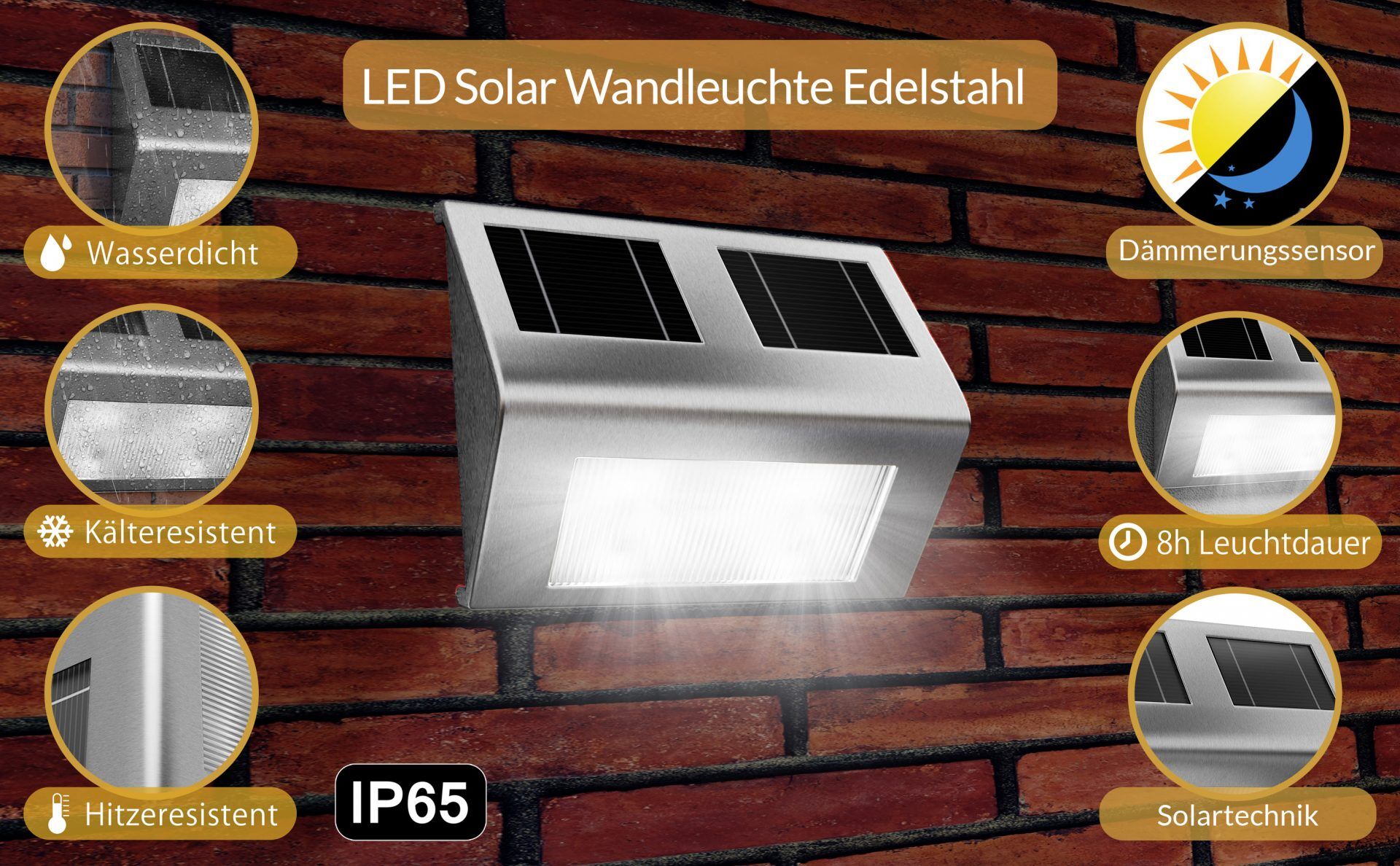 LED Solar Wandleuchte Edelstahl IP65