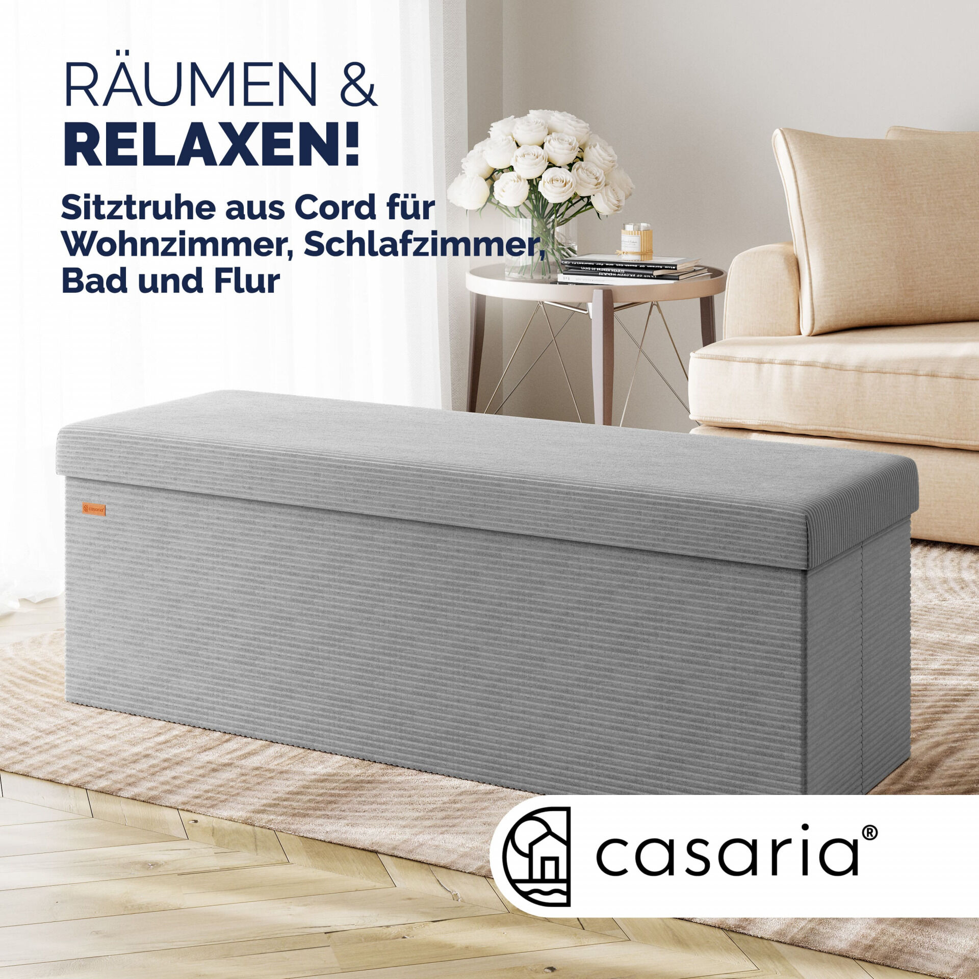 Sitzbank Grau Cord 114x38x38cm MDF faltbar