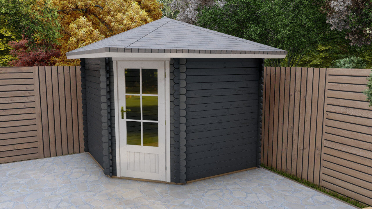 5-Eck Gartenhaus Schweden 42 – 28 mm Blockbohlen mit Einzeltür