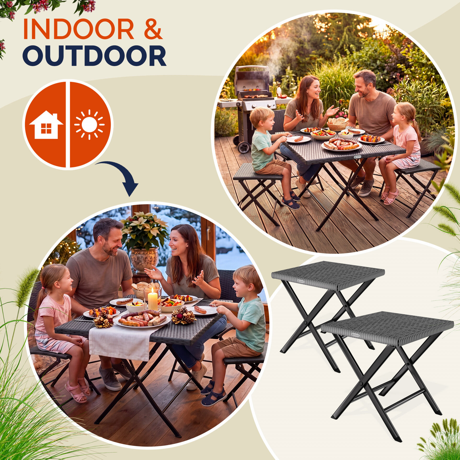 Polyrattan Klapphocker Anthrazit 3in1 120kg Belastbarkeit 43x40x44cm klappbar leicht tragbar außen wetterfest