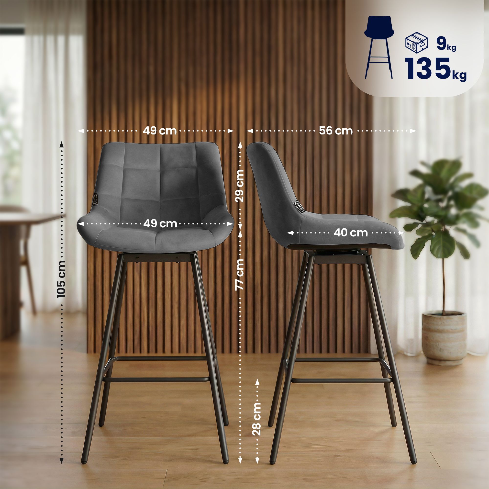 4er Set Barhocker Weston Schwenkbar Samt, grau