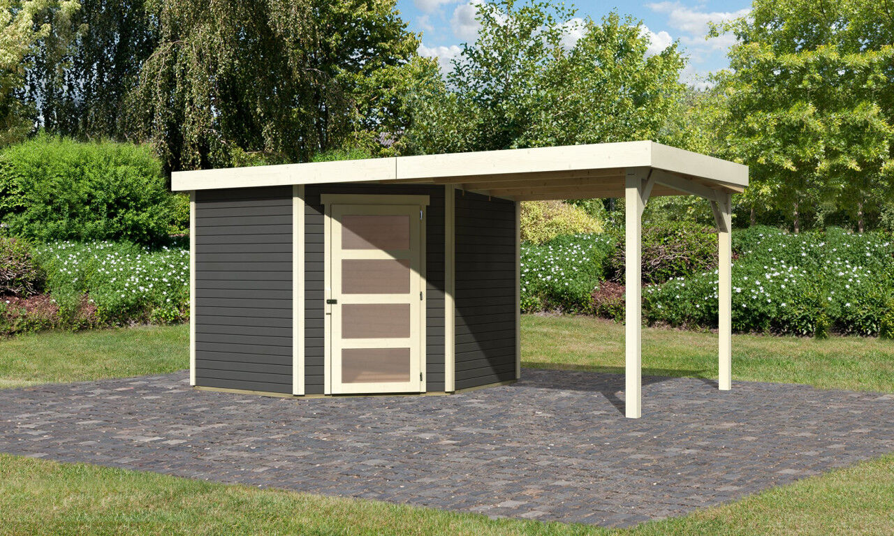 Flachdach Gartenhaus Schwandorf 5 im Set mit Anbaudach 2,40 m terragrau