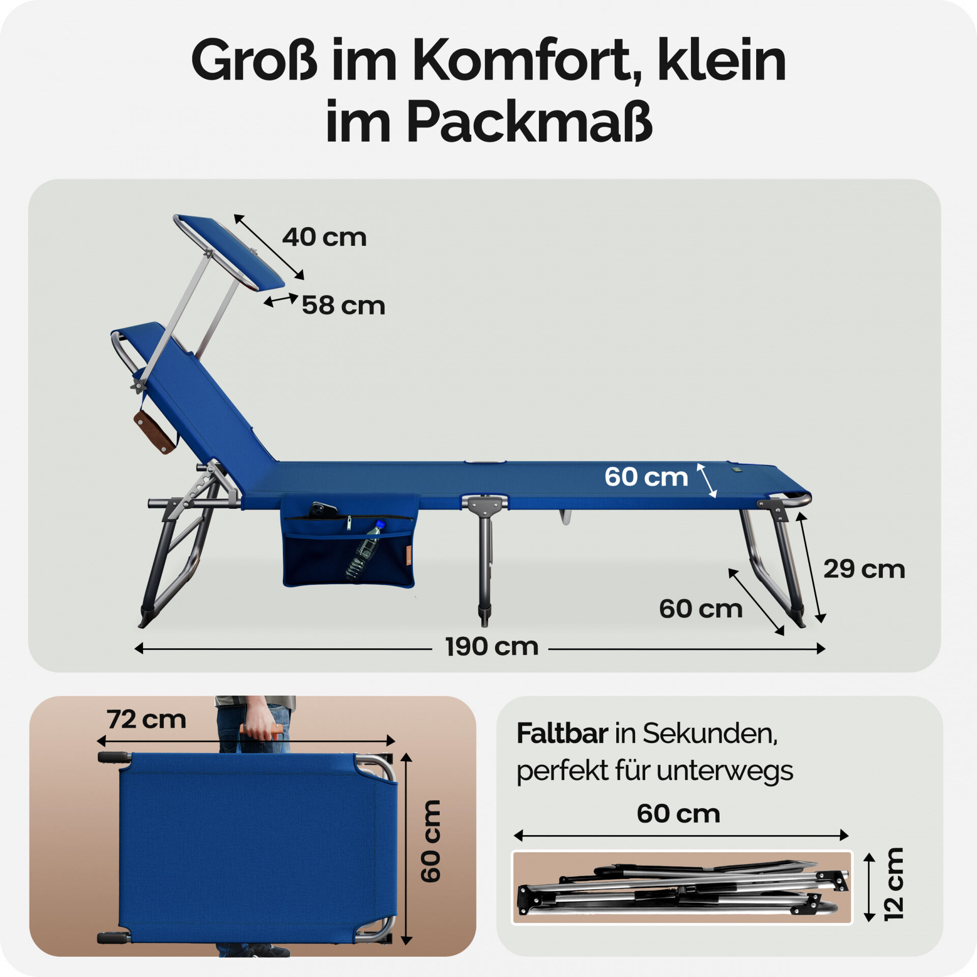 Gartenliege Ibiza Blau 190x59x29cm Alu Sonnendach