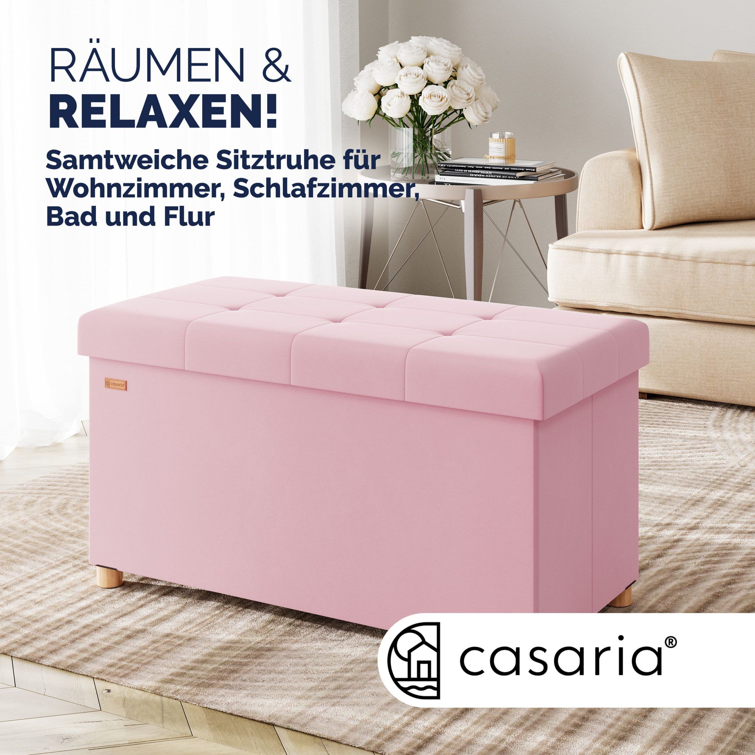 Sitzbank Rosa Samt 76x38x42cm mit Stauraum faltbar