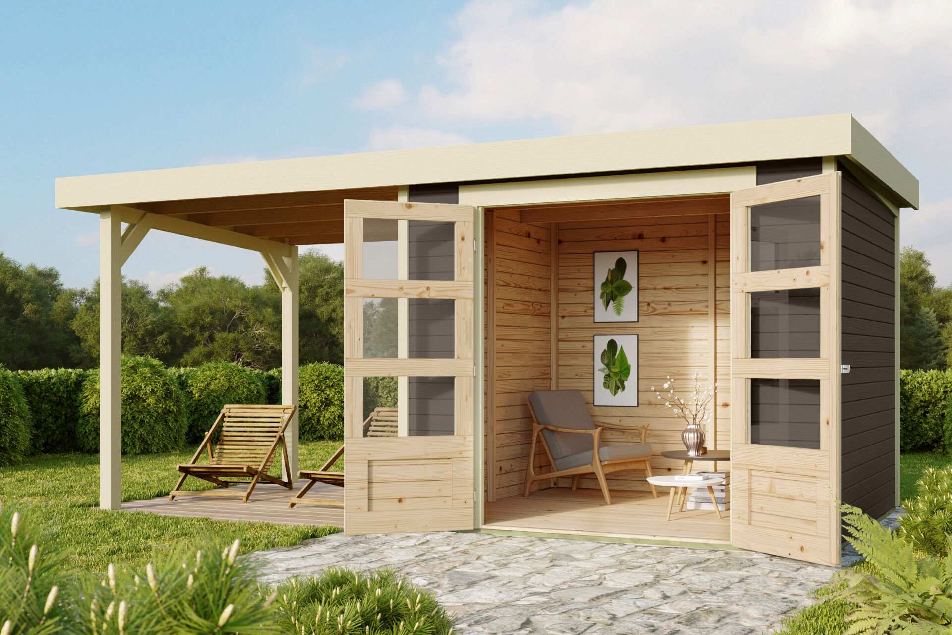 Karibu Gartenhaus Askola 3 SET – mit Anbaudach 2,4 m Breite, naturbelassen