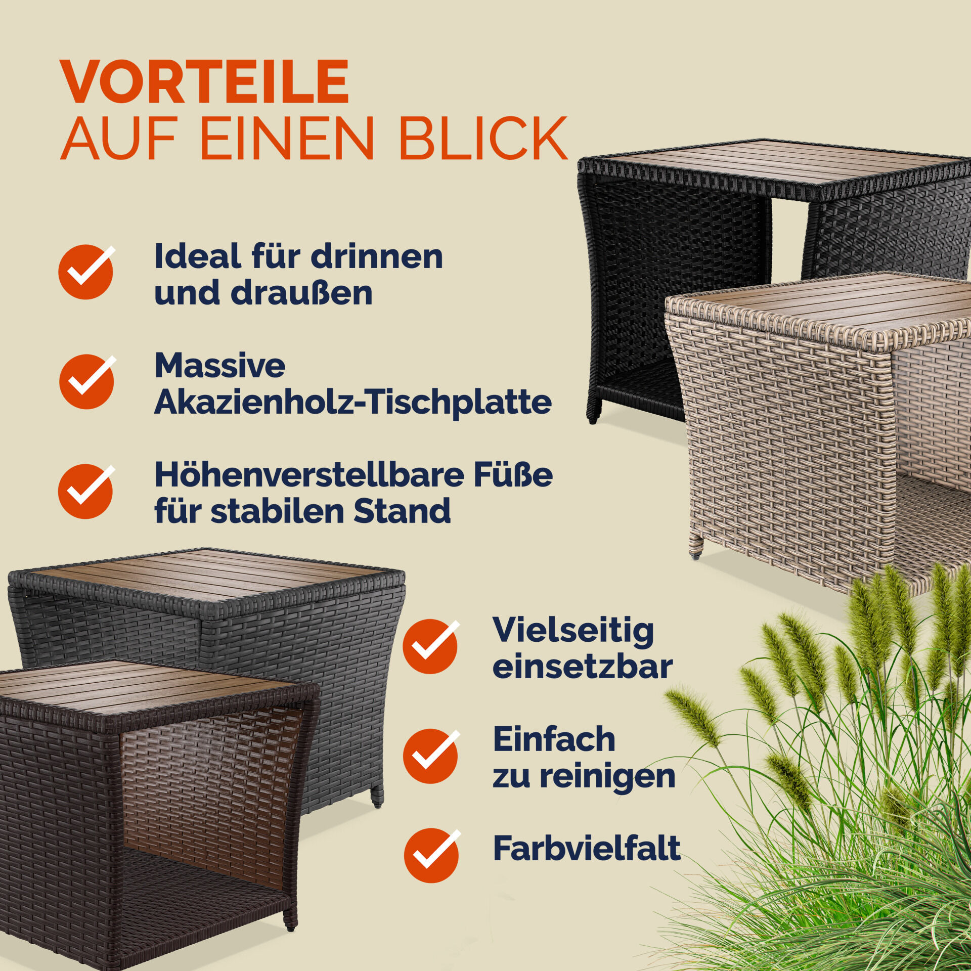 Polyrattan Beistelltisch Schwarz 40x45x45cm Akazienholz
