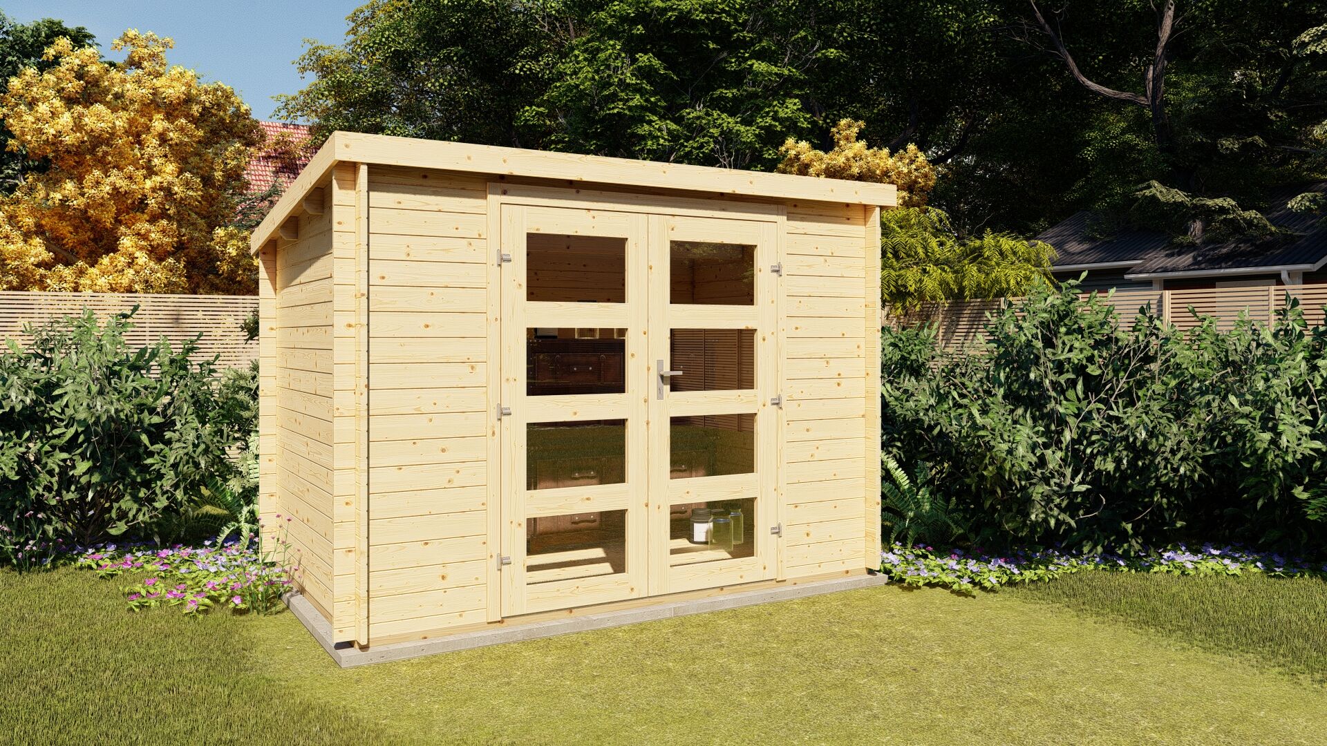 Gartenhaus Funny 13 – Flachdach Blockbohlenhaus 3×2 m
