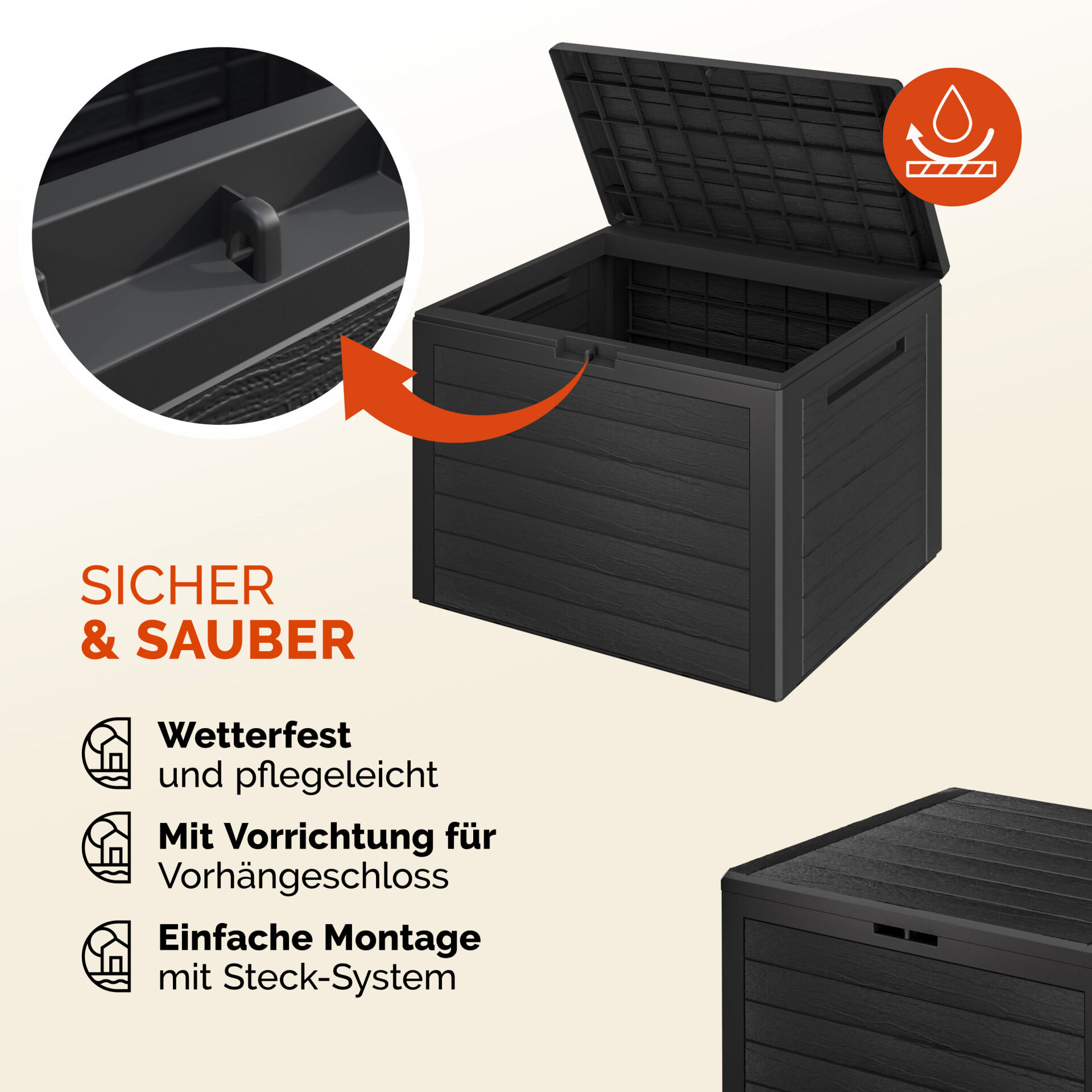 Gartenbox Lille 190L Anthrazit in Holzoptik wetterfest abschließbar
