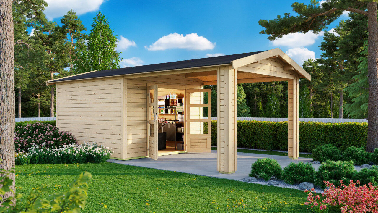 Karibu Gartenhaus Theres 3 SET naturbelassen mit Dachausbauelement natur