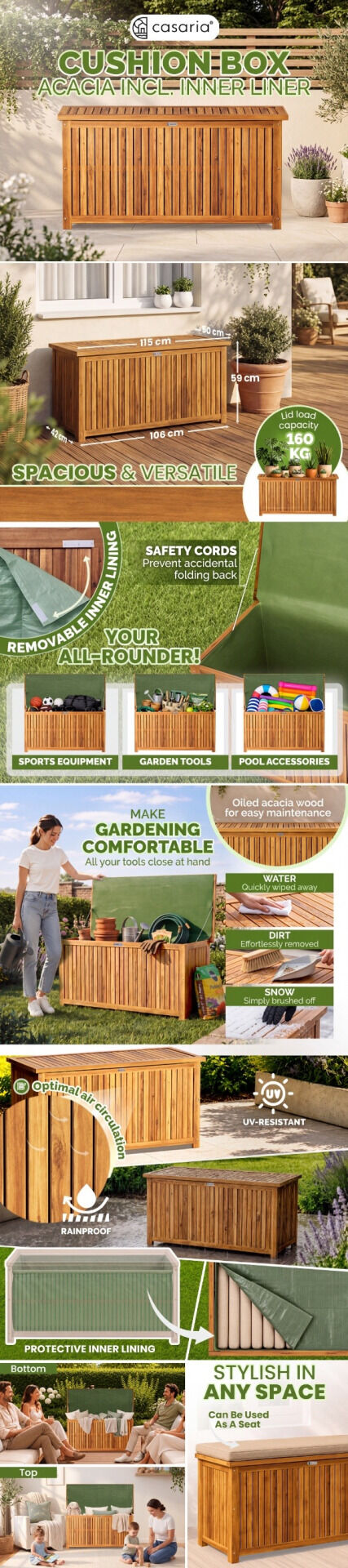 Gartenbox Akazienholz 115x50x59cm mit Innenplane wetterfest 205L