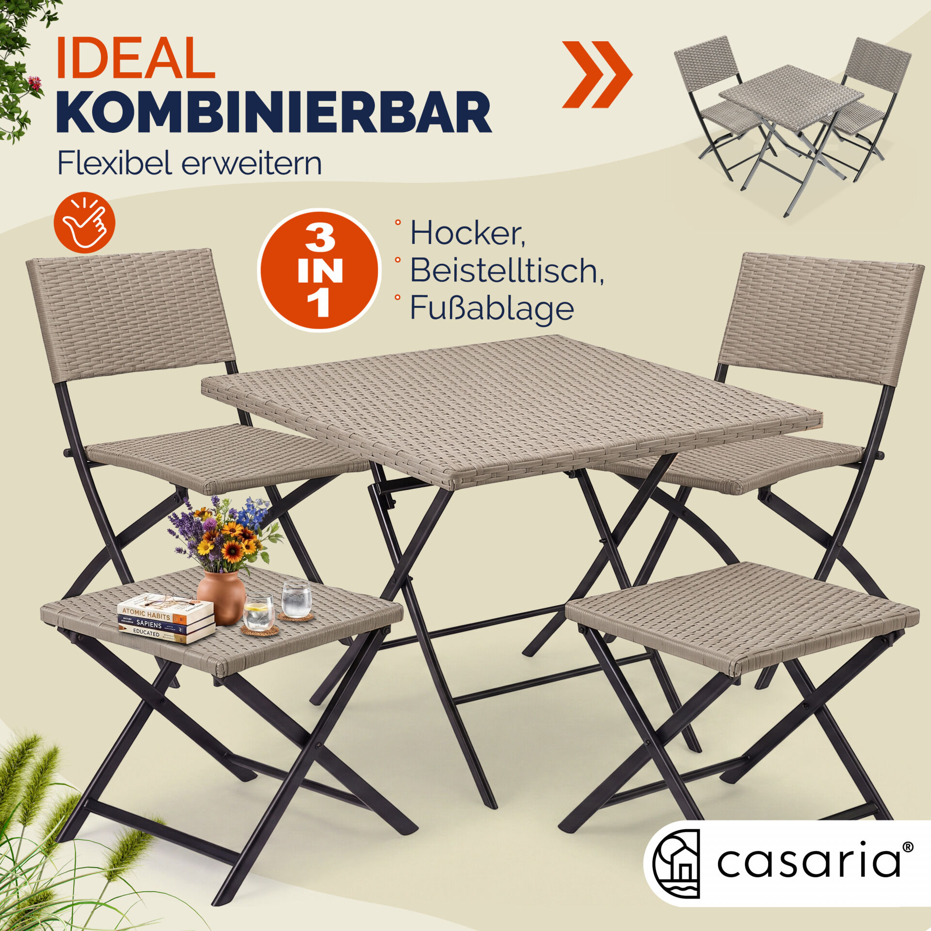 Polyrattan Klapphocker Creme 3in1 120kg Belastbarkeit 43x40x44cm klappbar leicht tragbar außen wetterfest