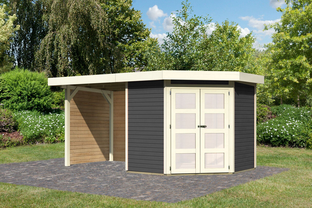 Karibu Flachdach Gartenhaus Goldendorf 3 im Set mit Anbaudach 2,40 m und 19 mm Seiten- und Rückwand terragrau