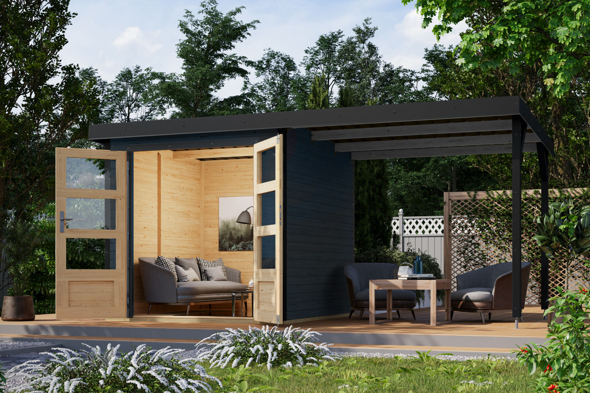 Karibu Pultdach Holz & Metall Gartenhaus Jupiter 2 Set mit Anbaudach 2,35 m, naturbelassen / graualuminium