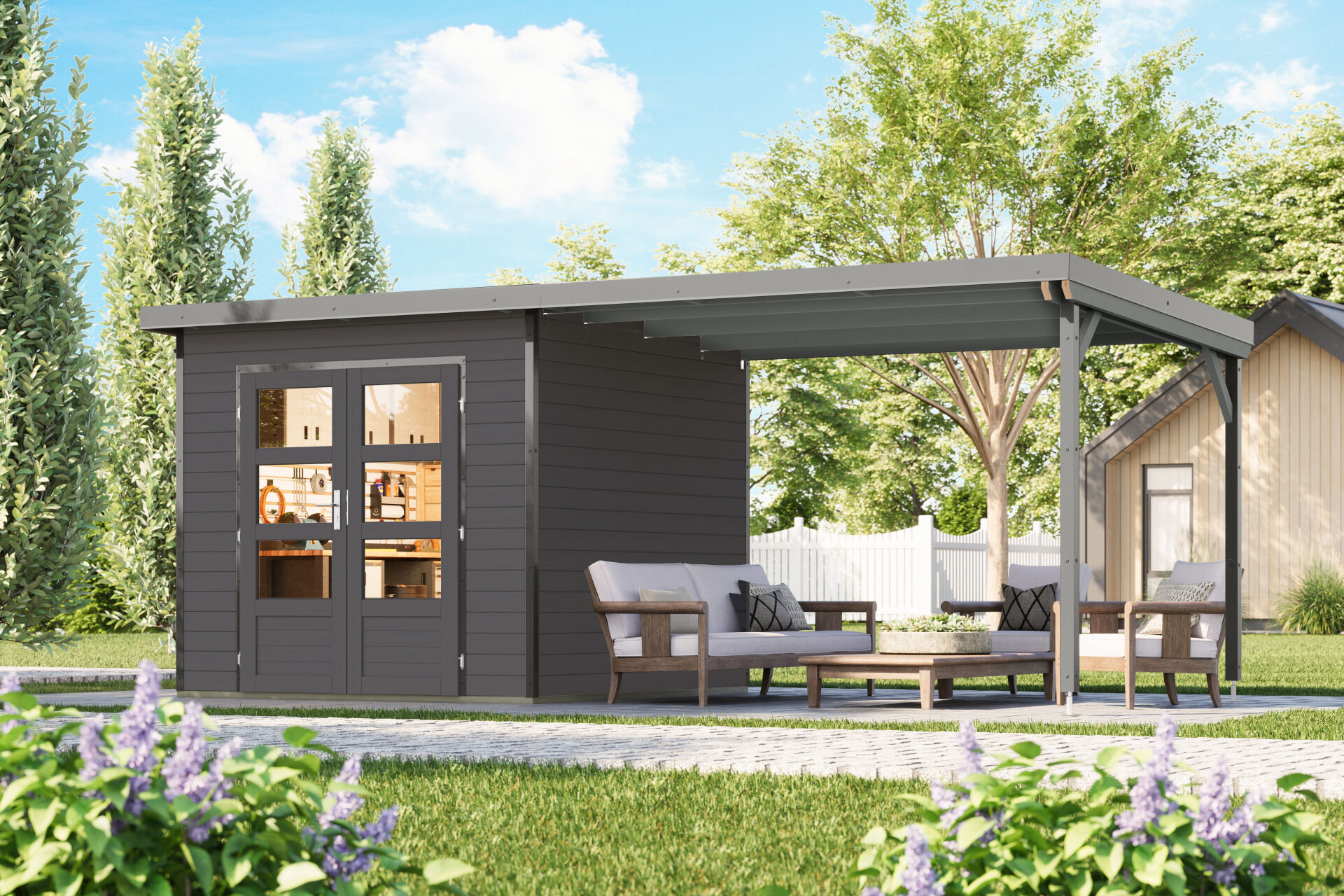 Karibu Pultdach Holz & Metall Gartenhaus Pluto 3 Set mit Anbaudach 3,07 m, naturbelassen / graualuminium