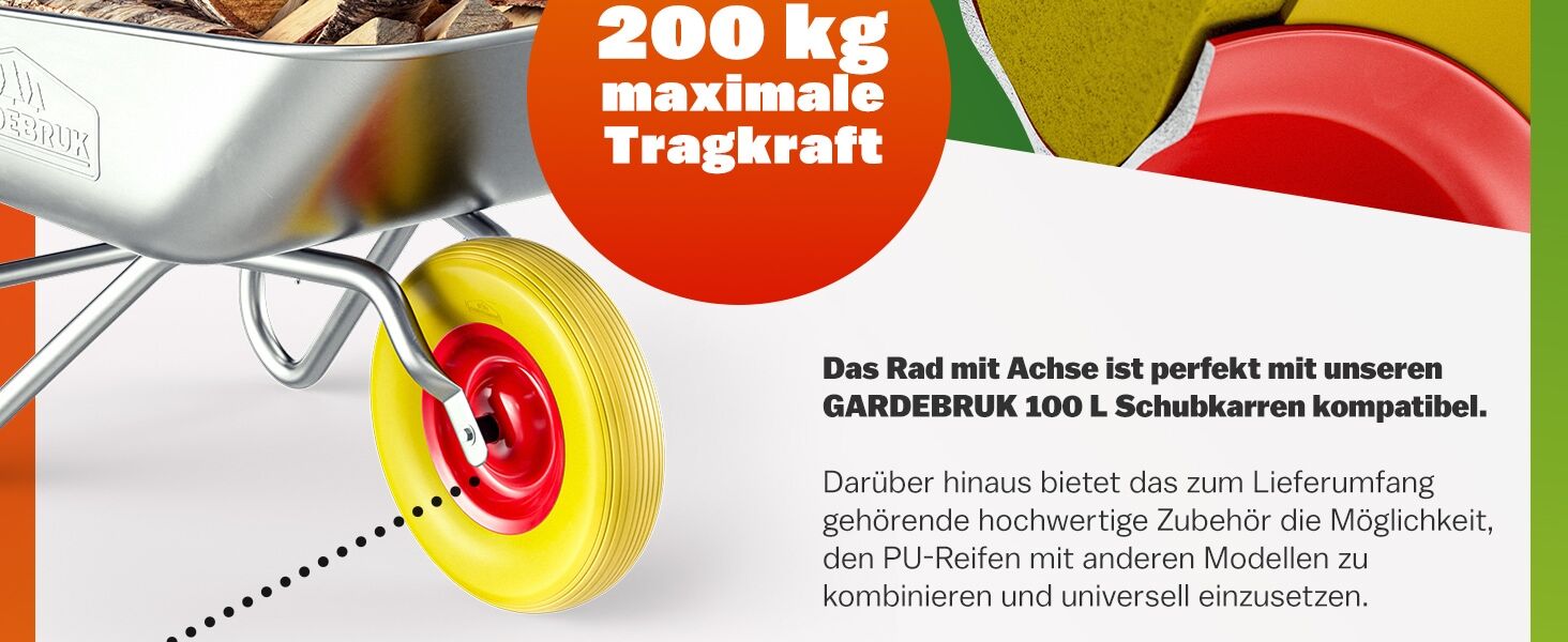 Schubkarrenrad Gelb pannensicher PU-Schaum 200kg Kugellager inkl Achse