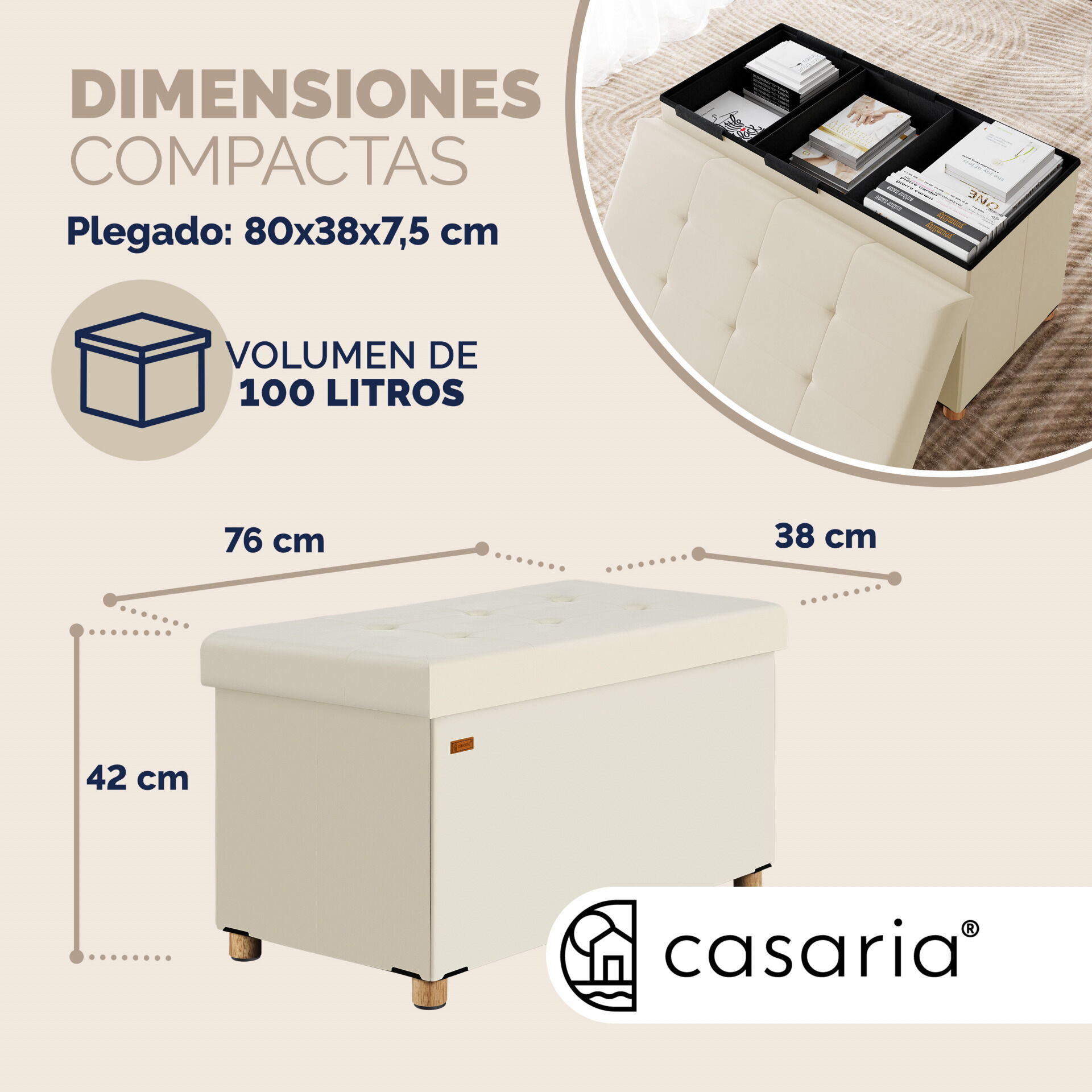 Sitzbank Beige Samt 76x38x42cm mit Stauraum faltbar