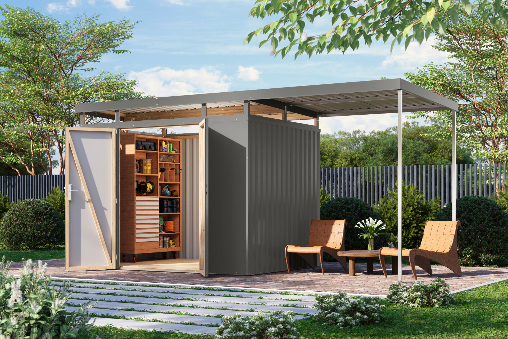 Karibu Flachdach Metall Gartenhaus Aurum 3 Set mit Anbaudach 2m