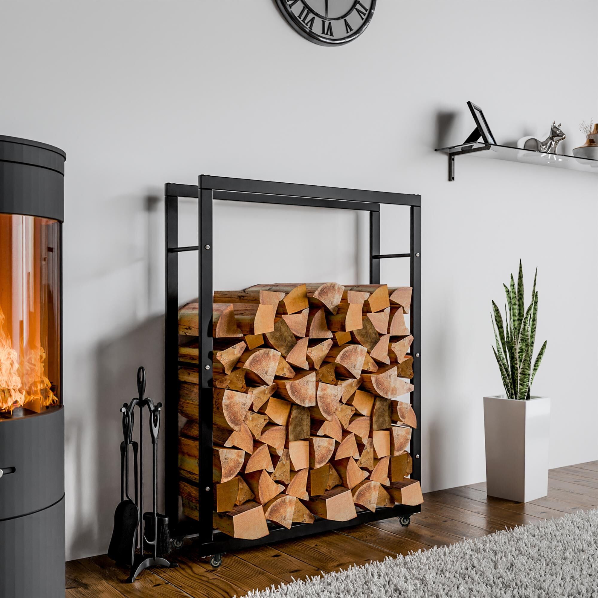 Kaminholzständer Keri mit Rollen 25x80x125, schwarz