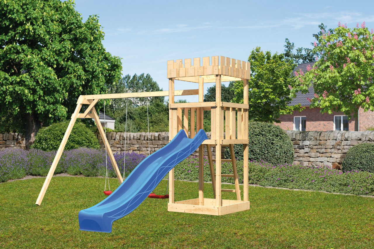 Spielturm Ritterburg Löwenherz SET natur mit Doppelschaukelanbau, Rutsche blau