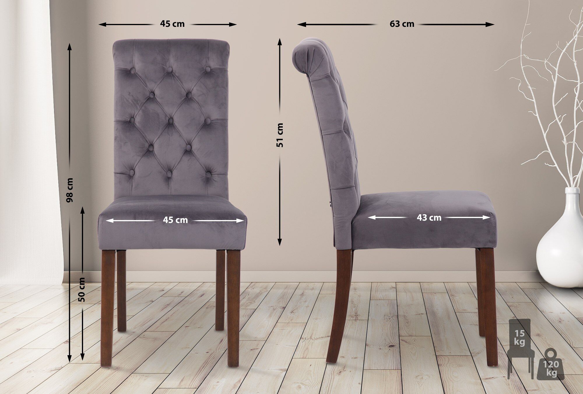 2er Set Esszimmerstühle Lisburn Samt, dunkelgrau