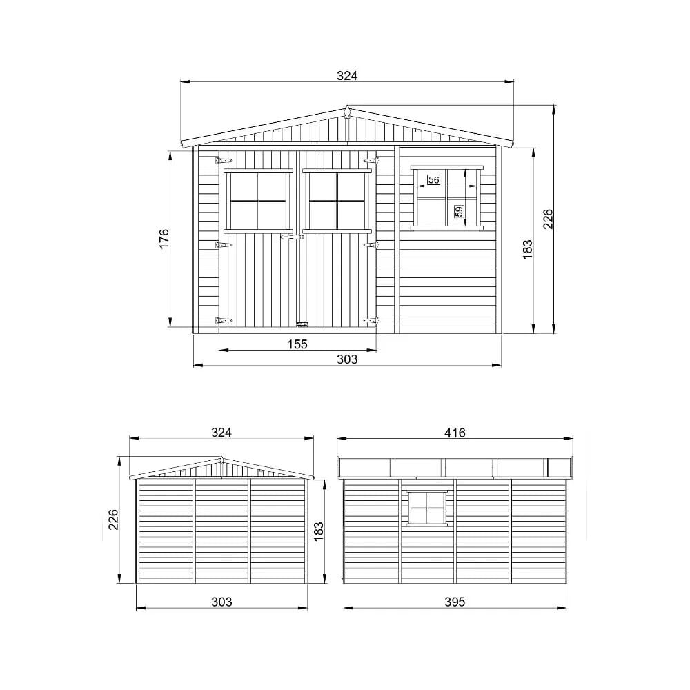 Gartenhaus Moritz M336 Zeichnung mit Abmessungen