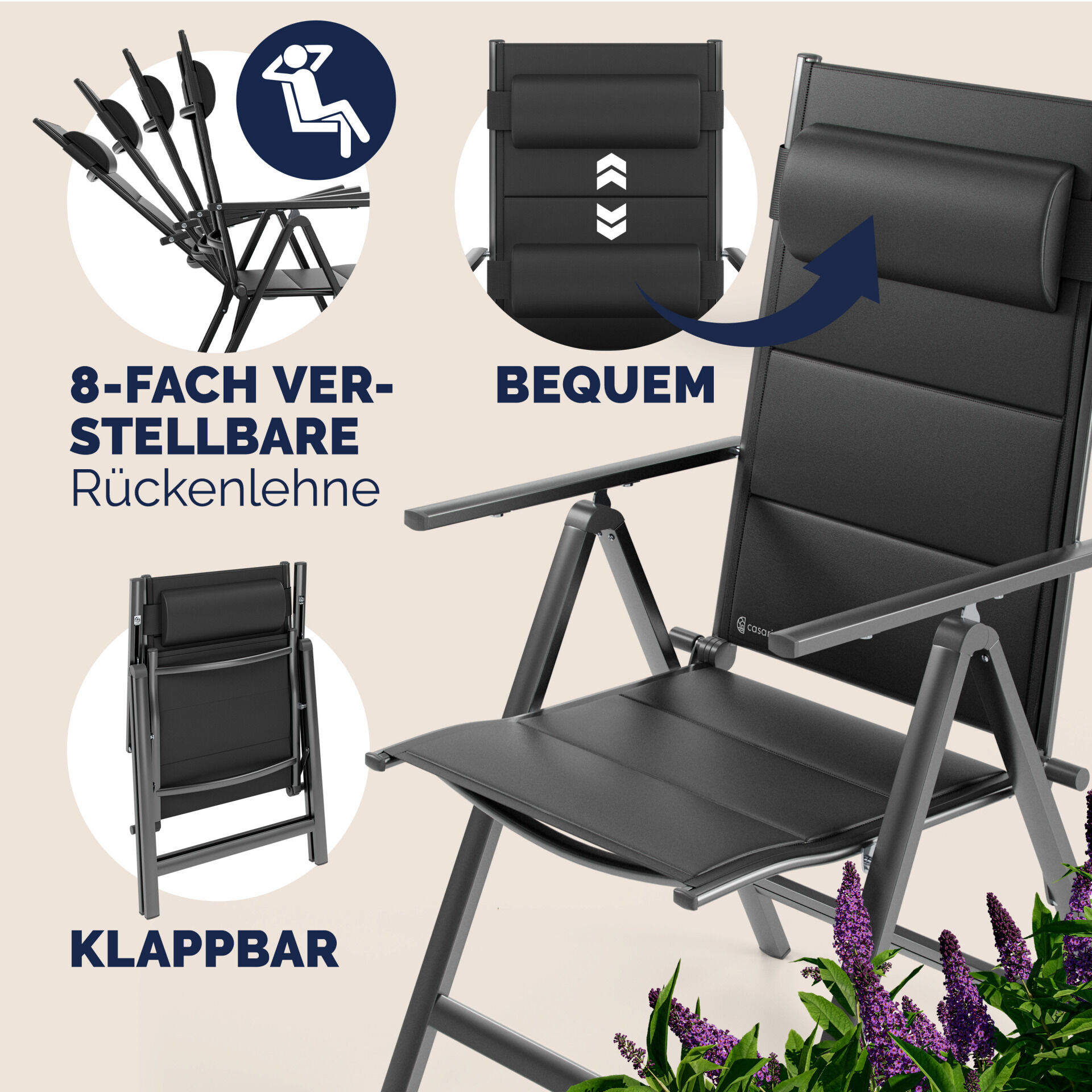 Gartenstuhl Hochlehner klappbar Bern Premium 2er-Set Anthrazit Alu gepolstert + verstellbar