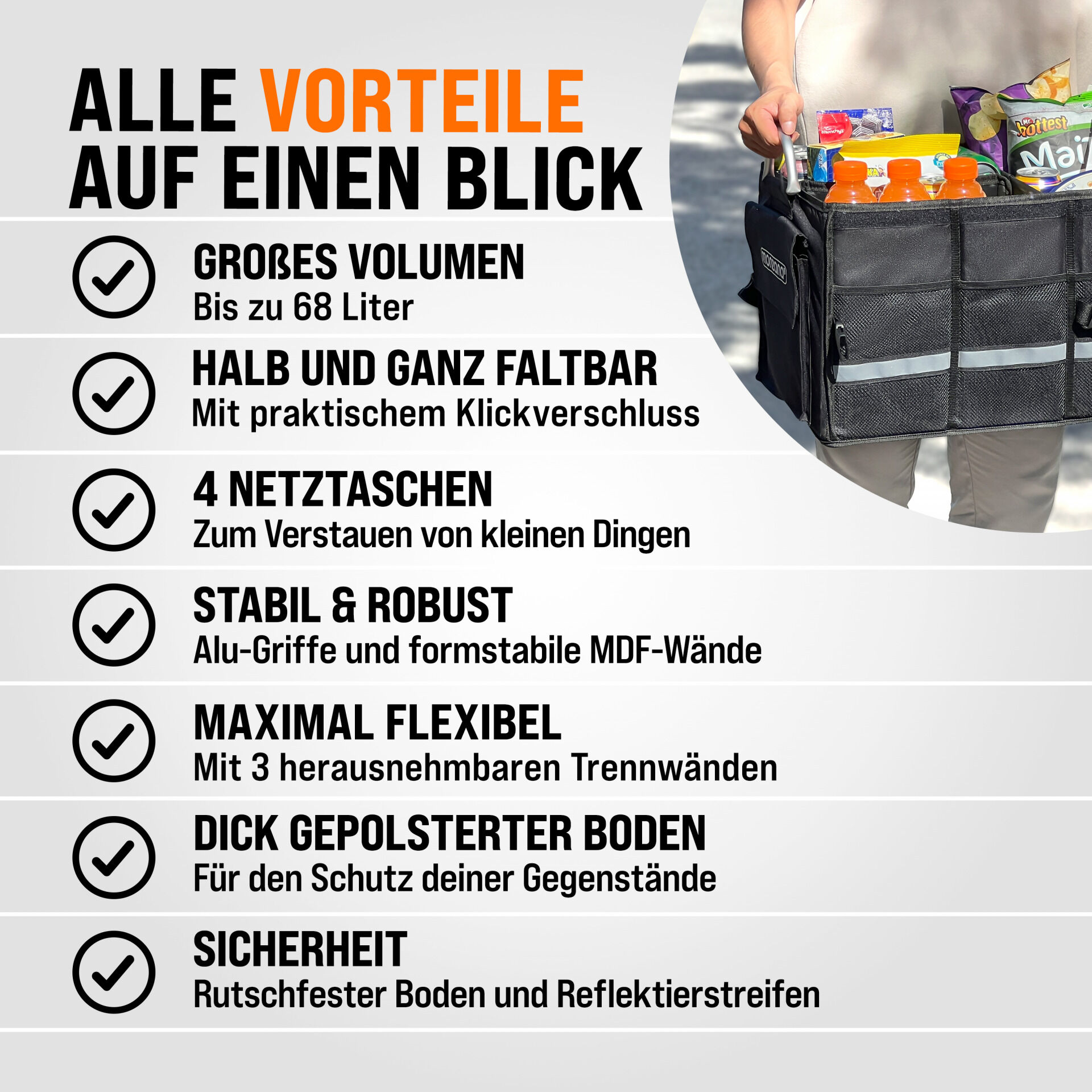 Kofferraumtasche Schwarz 60x35x30cm isoliert