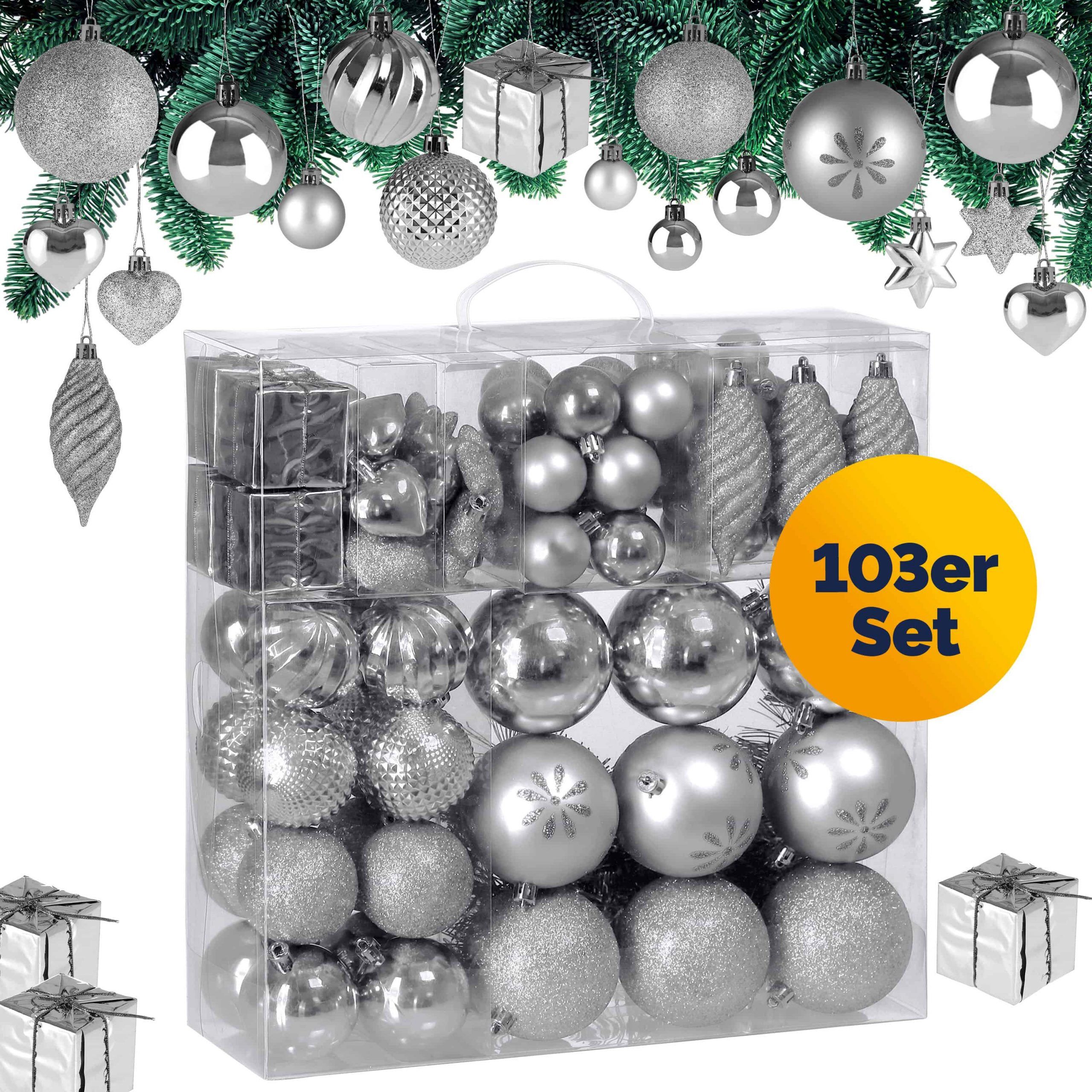 Weihnachtskugeln 103-teilig Silber bruchsicher glänzend matt glitzer