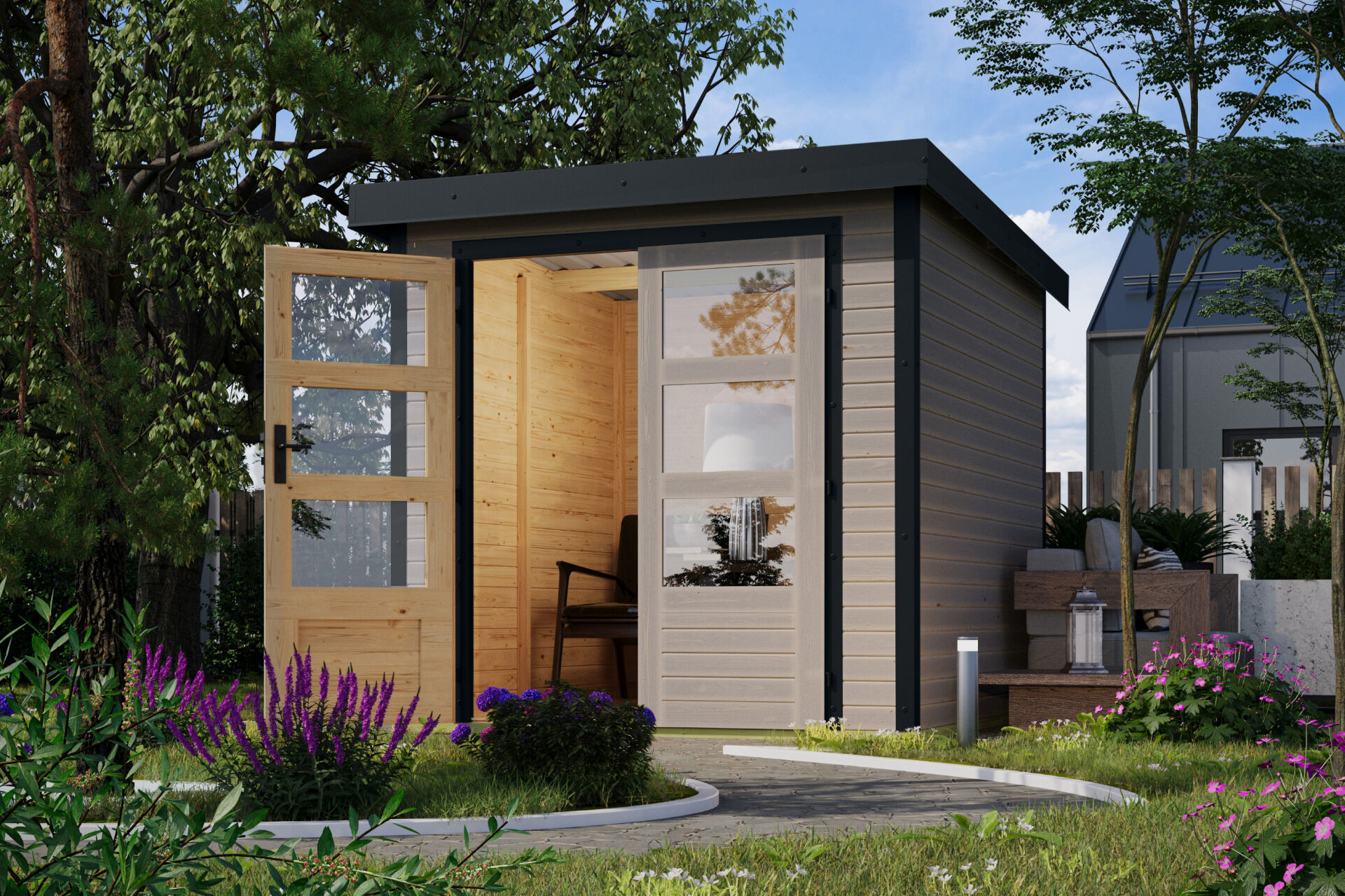 Karibu Pultdach Holz & Metall Gartenhaus Jupiter 2, naturbelassen / graualuminium