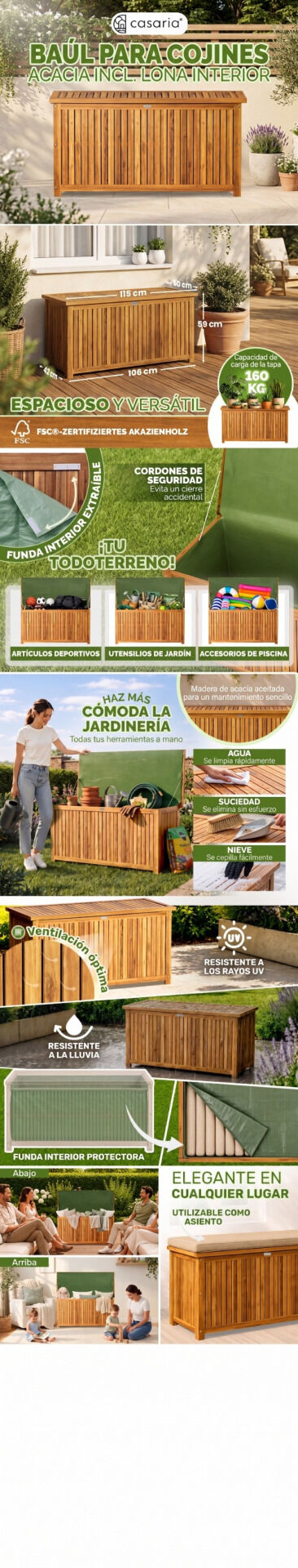 Gartenbox Akazienholz 115x50x59cm mit Innenplane wetterfest 205L