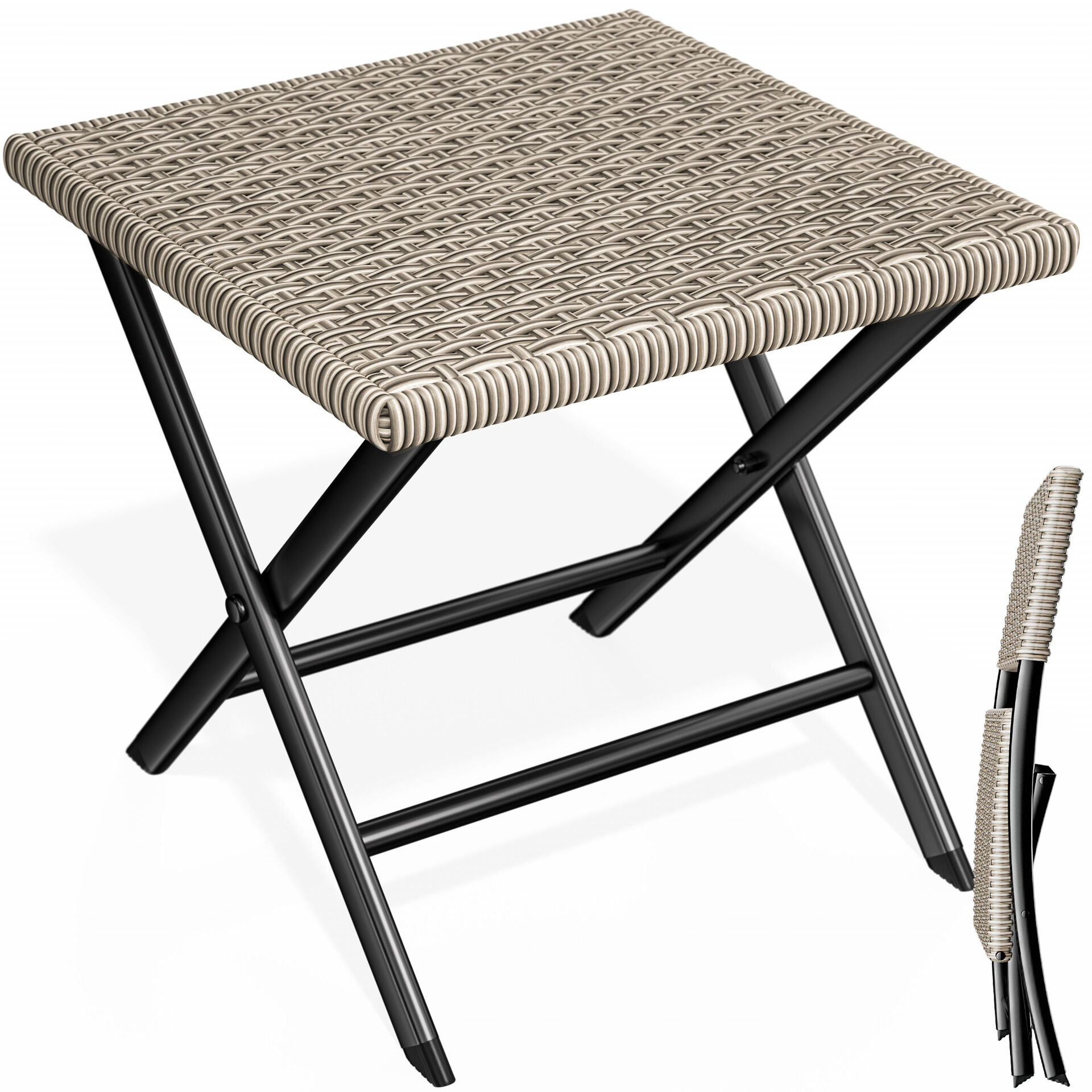 Polyrattan Klapphocker Creme 3in1 120kg Belastbarkeit 43x40x44cm klappbar leicht tragbar außen wetterfest