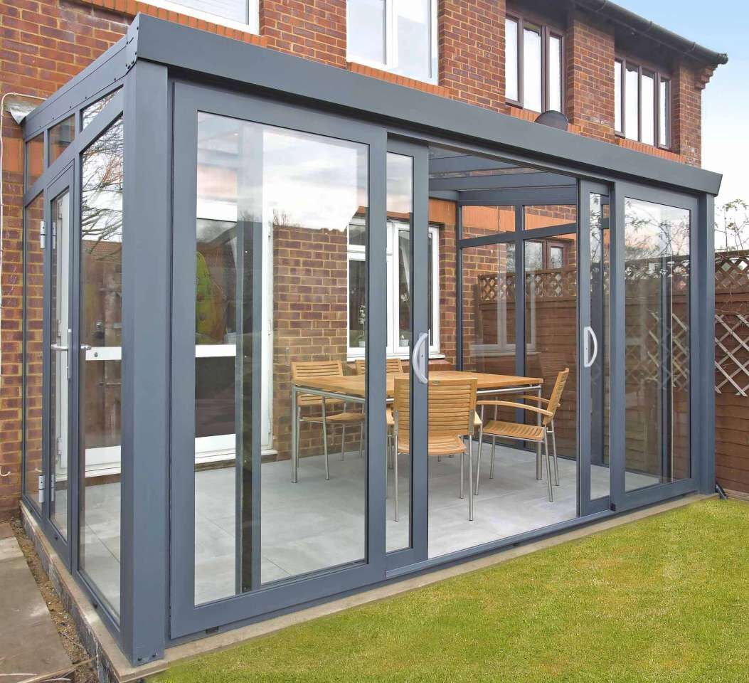 Gartenzimmer mit Schiebetür und Glas Dacheindeckung, 400, 250