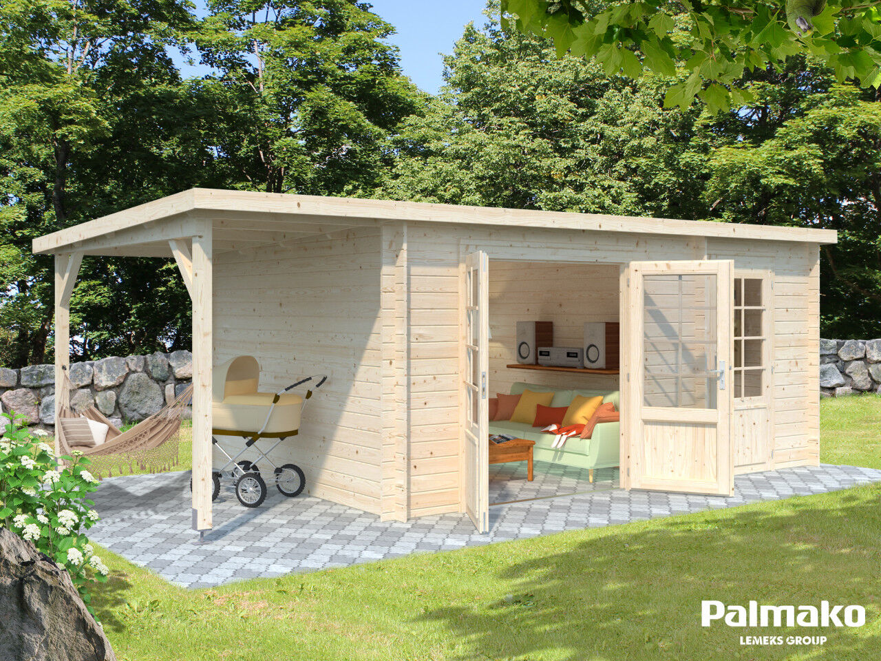 Flachdach Palmako Gartenhaus Ella 13,1+3,9 m²