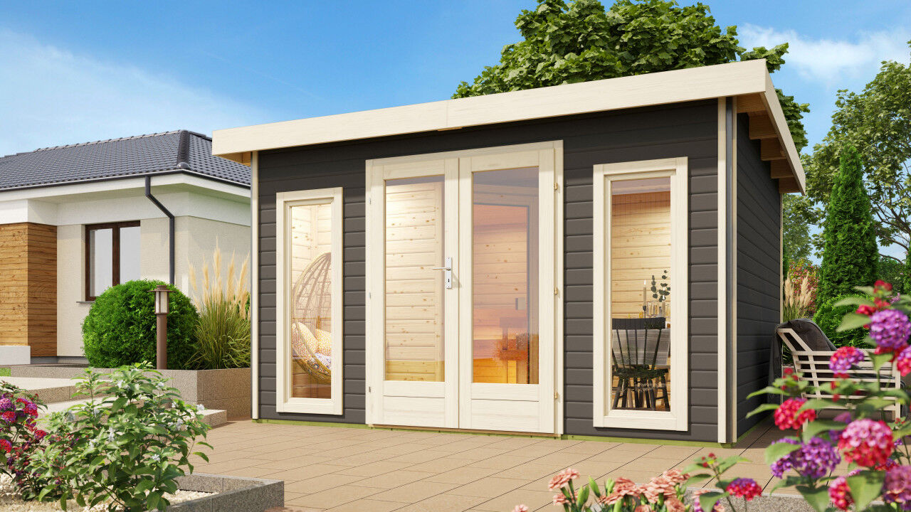 Saunahaus Mainburg 2 SET B terragrau mit Ofen 9 kW ext. Strg.