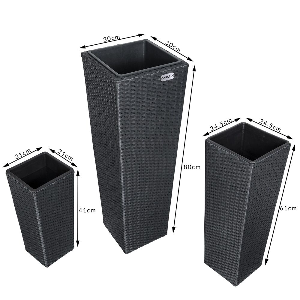 Polyrattan Blumentopf 3er-Set Schwarz