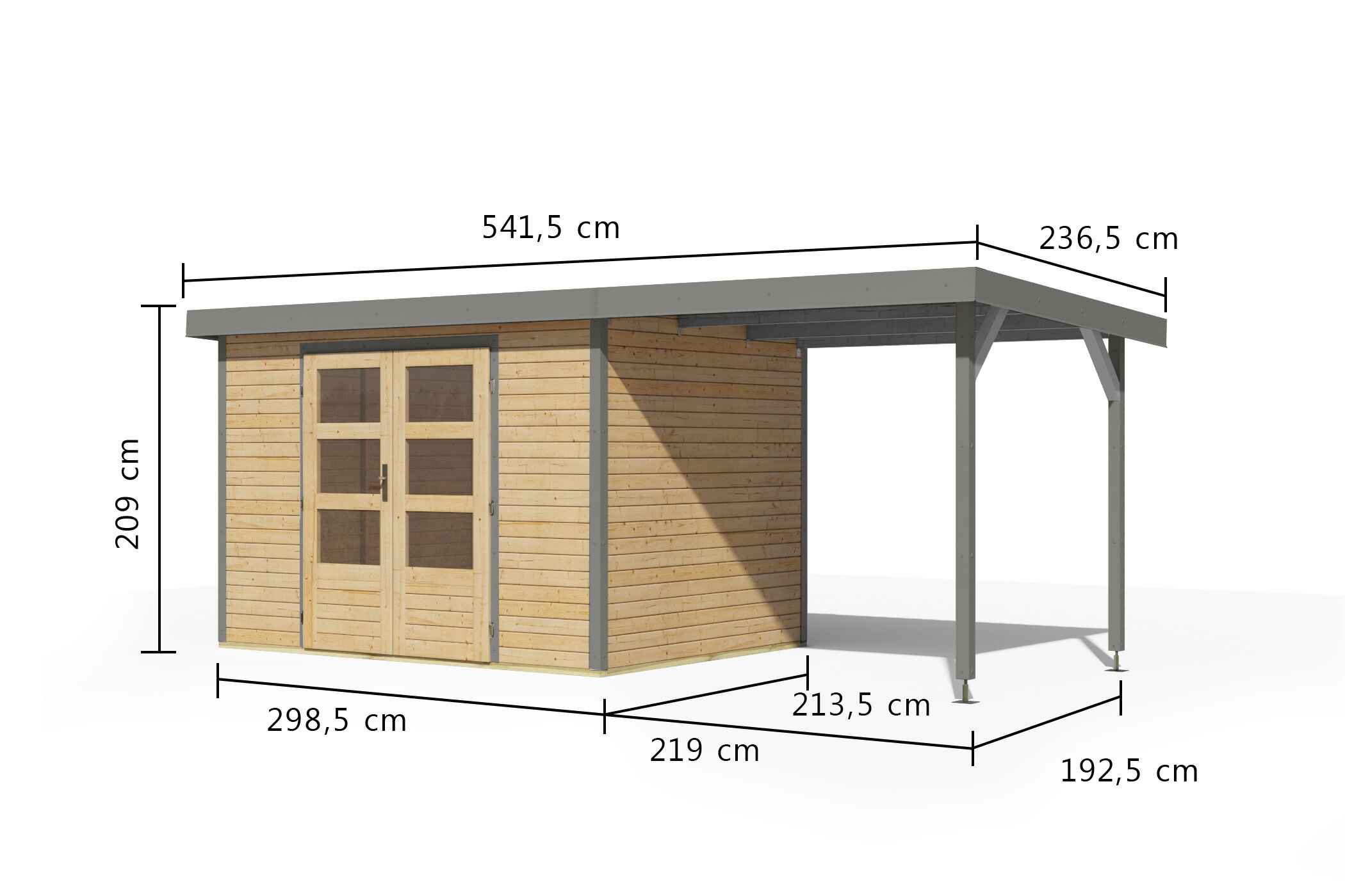 Karibu Pultdach Holz & Metall Gartenhaus Jupiter 4 Set mit Anbaudach 2,35 m, naturbelassen / graualuminium