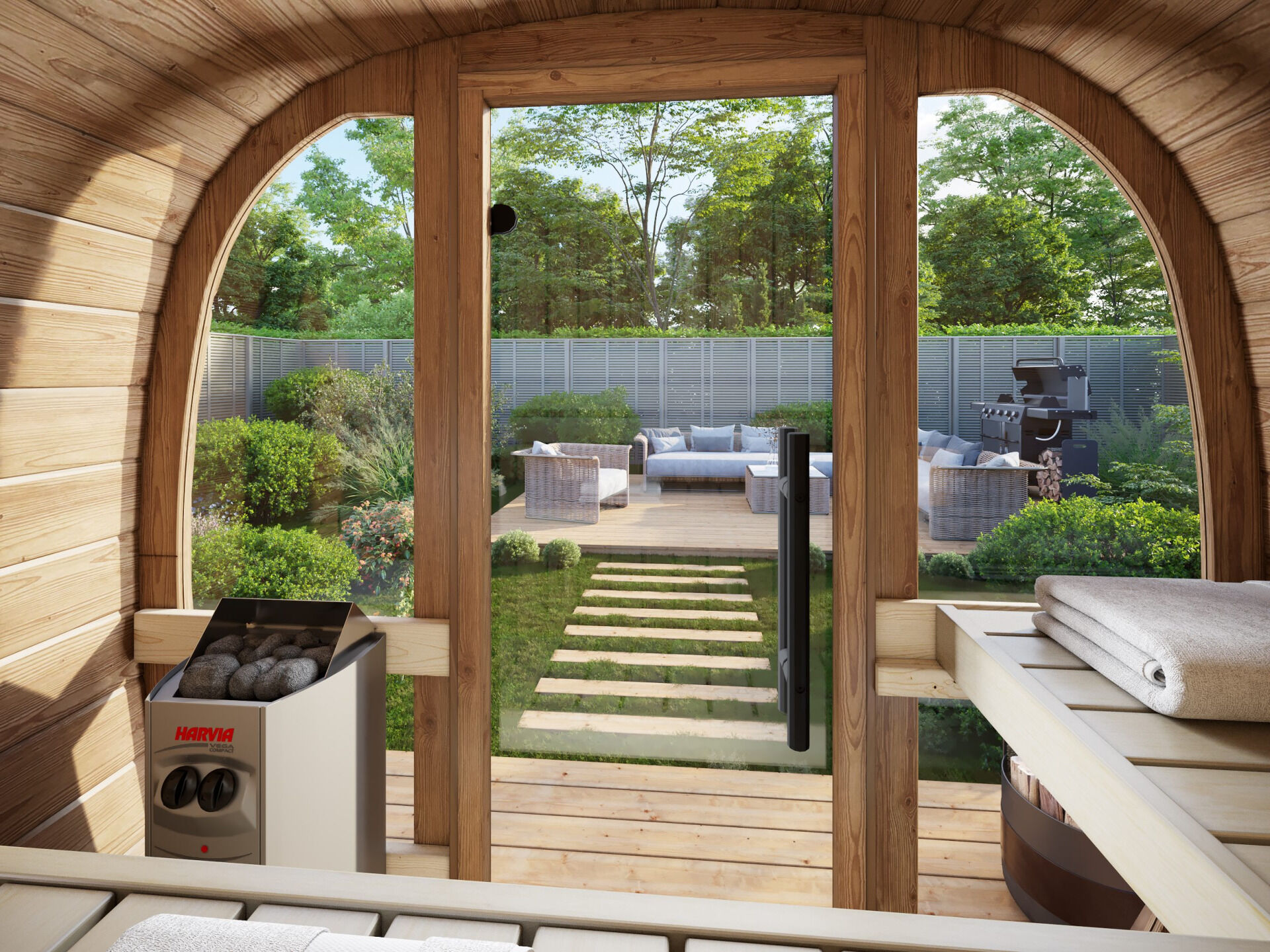 Palmako Fasssauna Astra 1,1 Thermoholz mit Glasfront